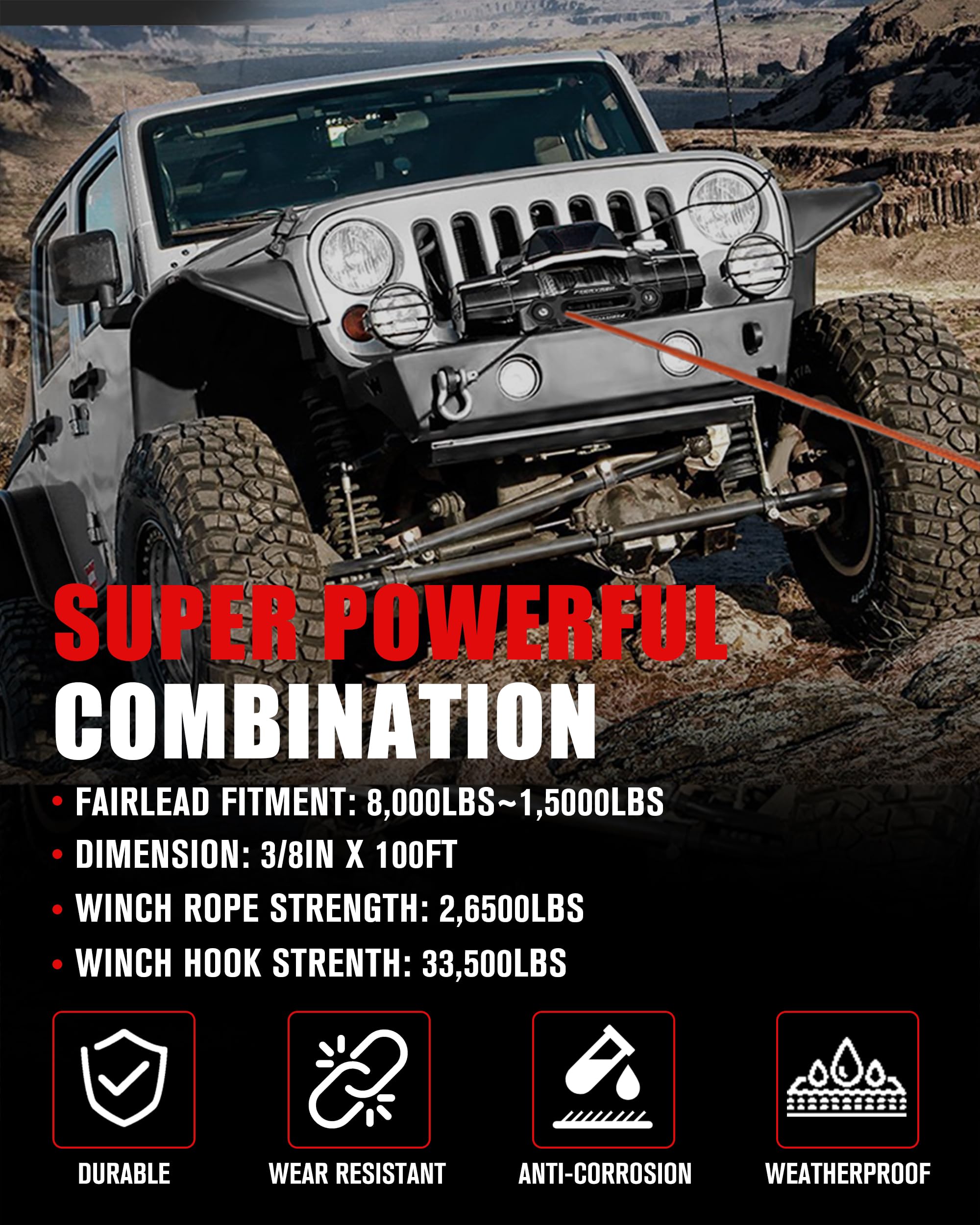 FIERYRED Syntetyczna lina do wciągarki 9,5 cm, 23809 Ibs Lina kablowa z hakiem wciągarki Fairlead do pojazdów terenowych 4WD, ATV, UTV, SUV, SUV