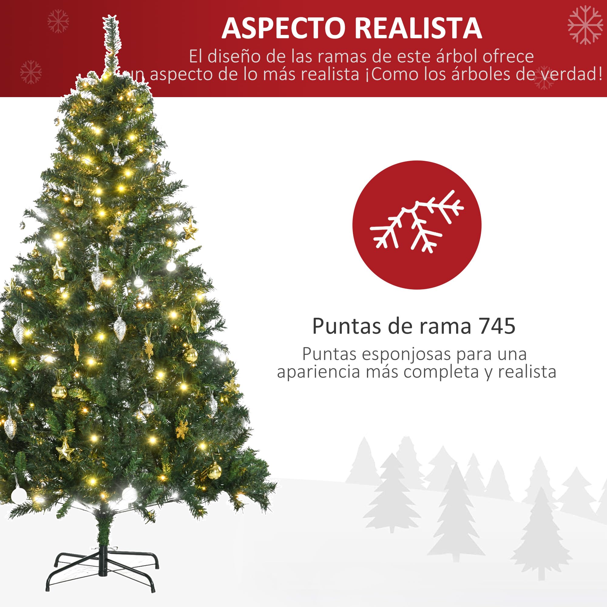HOMCOM Árbol de Navidad con Luces LED Árbol Artificial Ø112x180 cm Verde | 180 cm, 745 Ramas, Bolas Adornos, Soporte de Metal