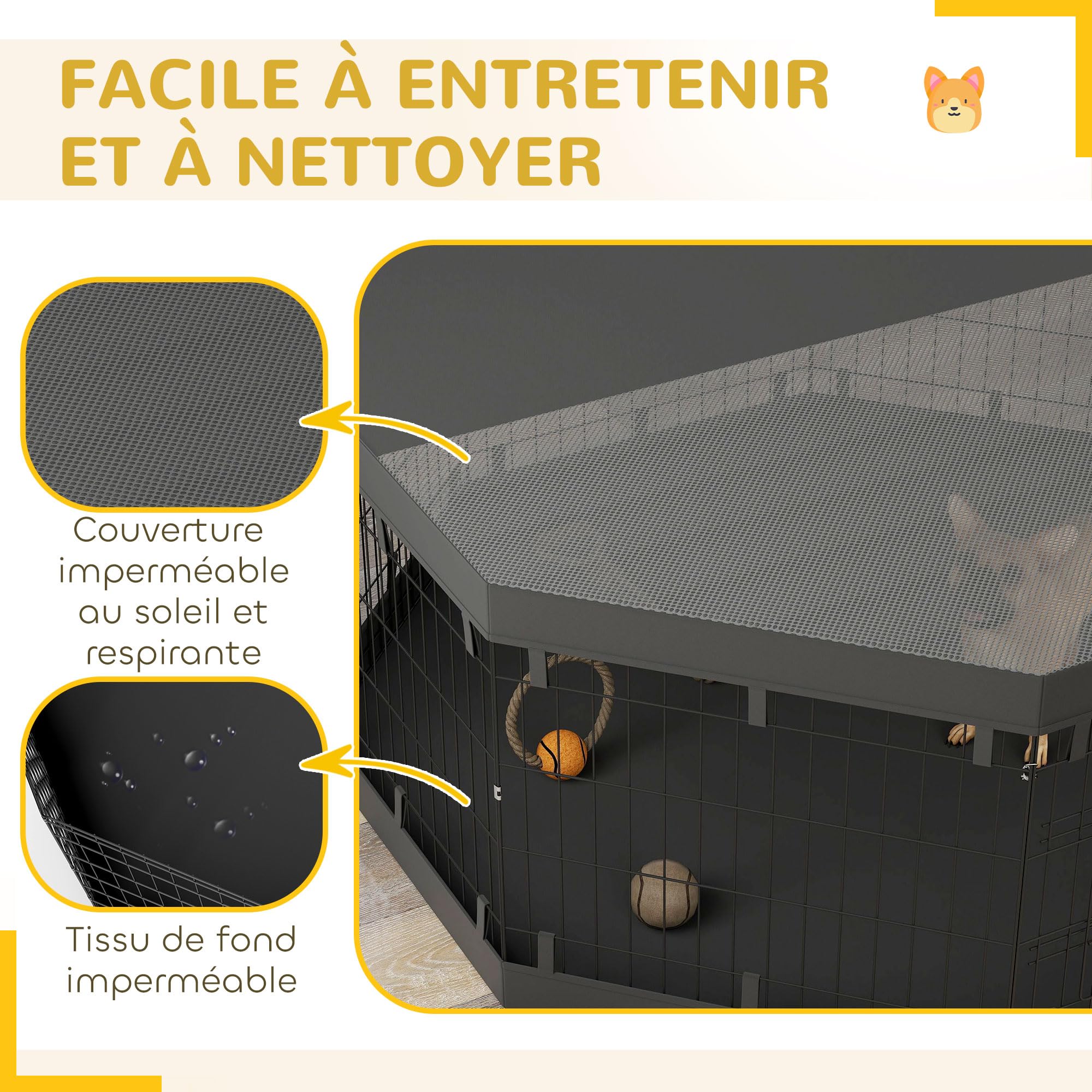 PawHut Parc pour Chien, enclos Chien intérieur, 8 Panneaux Pliables, avec Porte, Couverture supérieur et inférieure, Acier, 61 x 61 cm, Noir