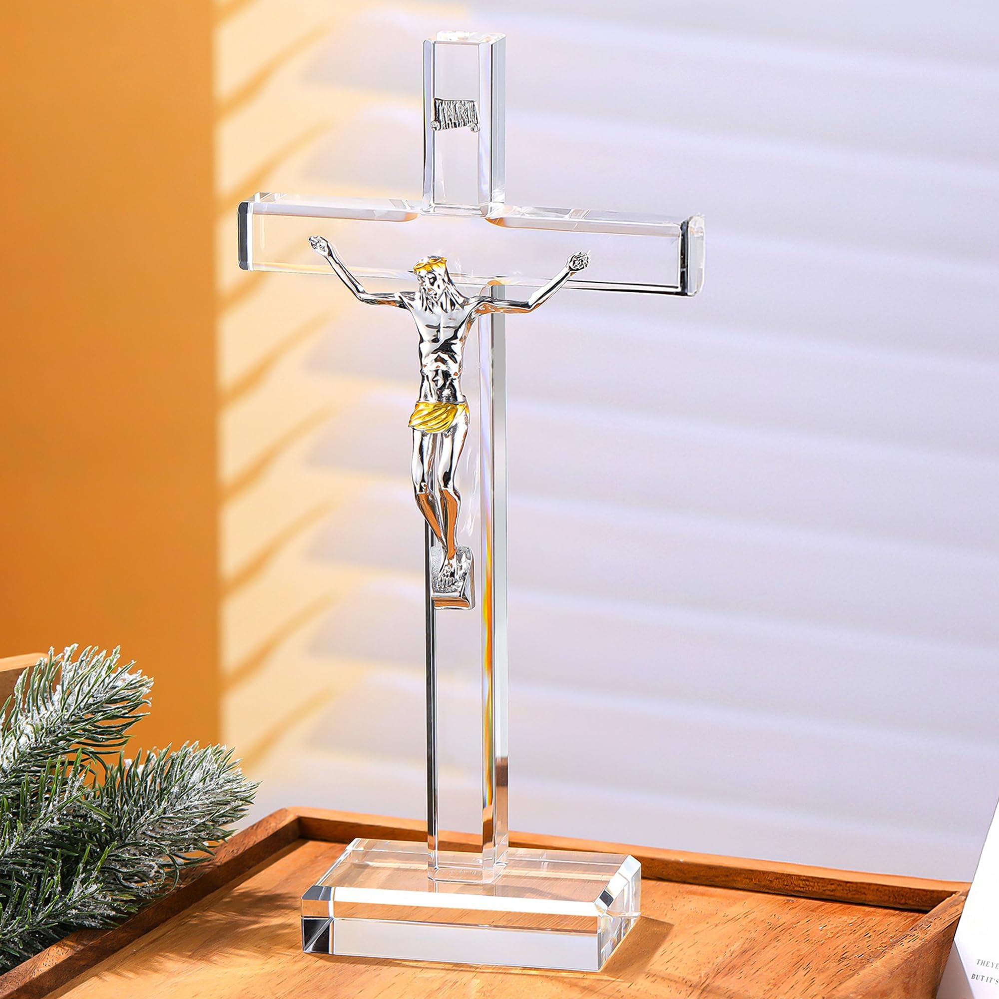 Standing Crystal Cross, Handmade Tabletop Jesus Christ Crucifix, Ordination Gifts, Religious Gifts for Men Women Home Decor and Blessing (10 inch)