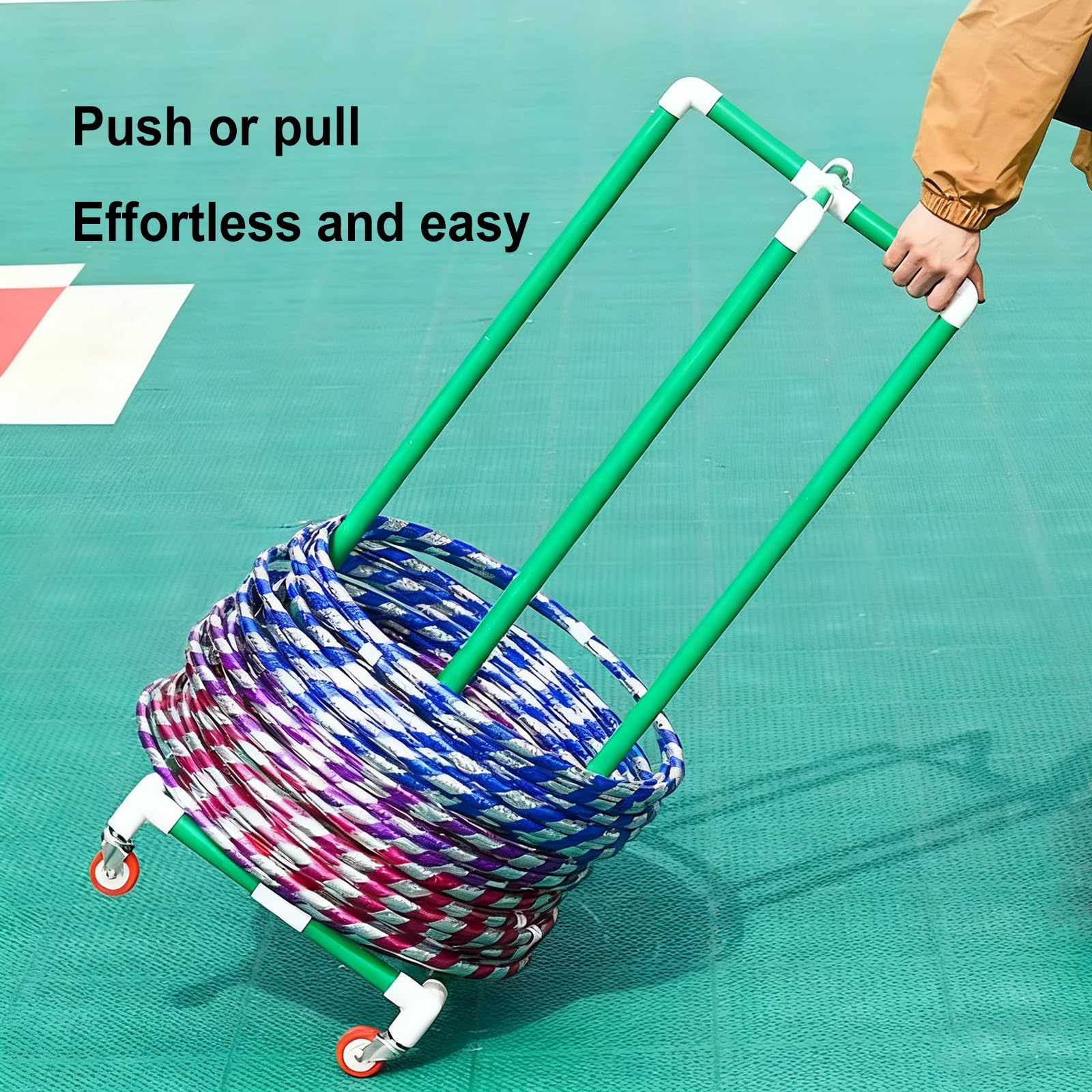Hula Hoop Stojak na obręcz hula hop z kółkami, mobilny organizer z PVC do wewnątrz/na zewnątrz, łatwy montaż wózek na sprzęt sportowy