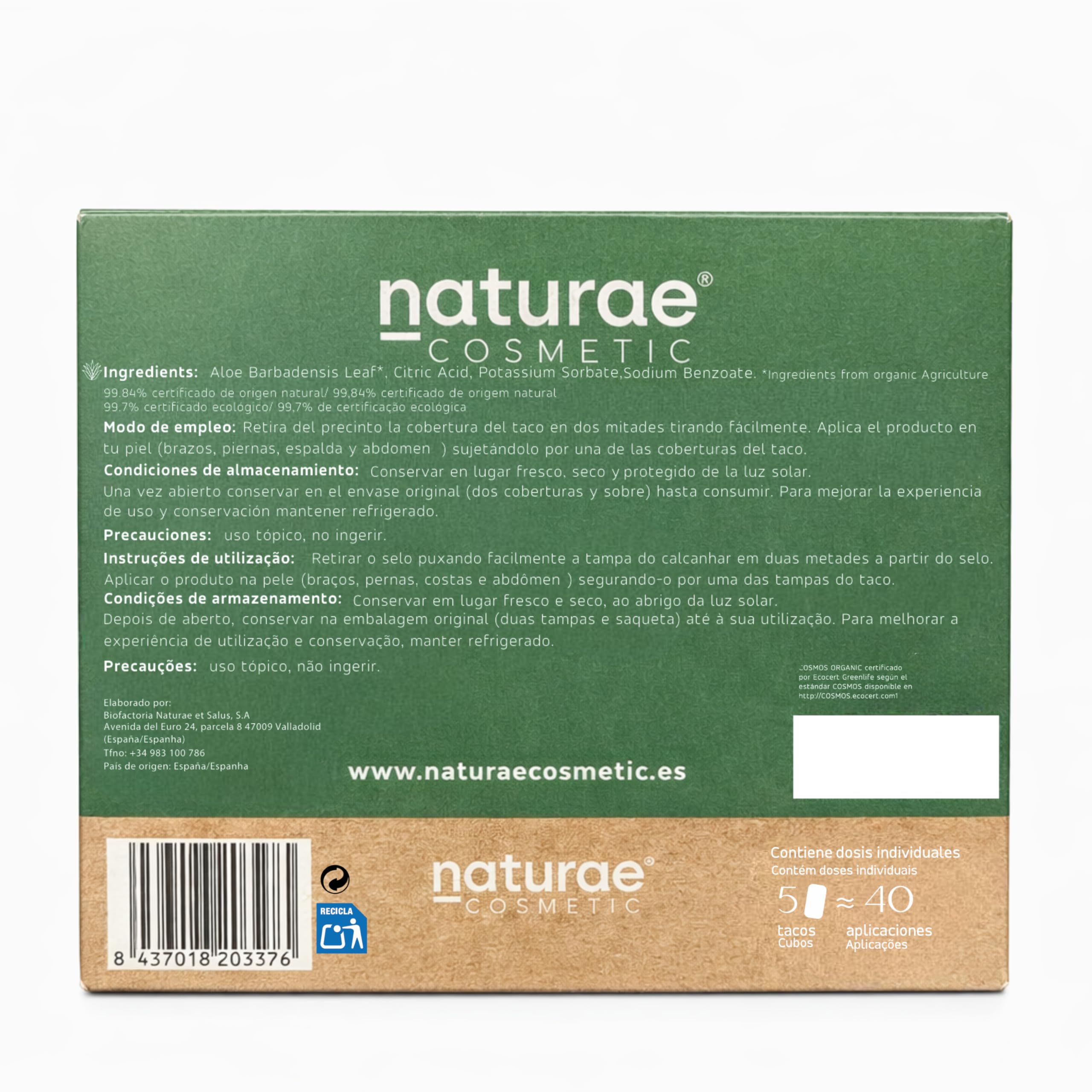 Naturae Cosmetic – Taco Grande de Aloe Vera Puro para Piernas, Espalda y Abdomen | Hidratante Post Depilación, Post Sol y Uso Diario | Fabricado en España | Pack 3 Estuches con 5 Doypacks — view 4