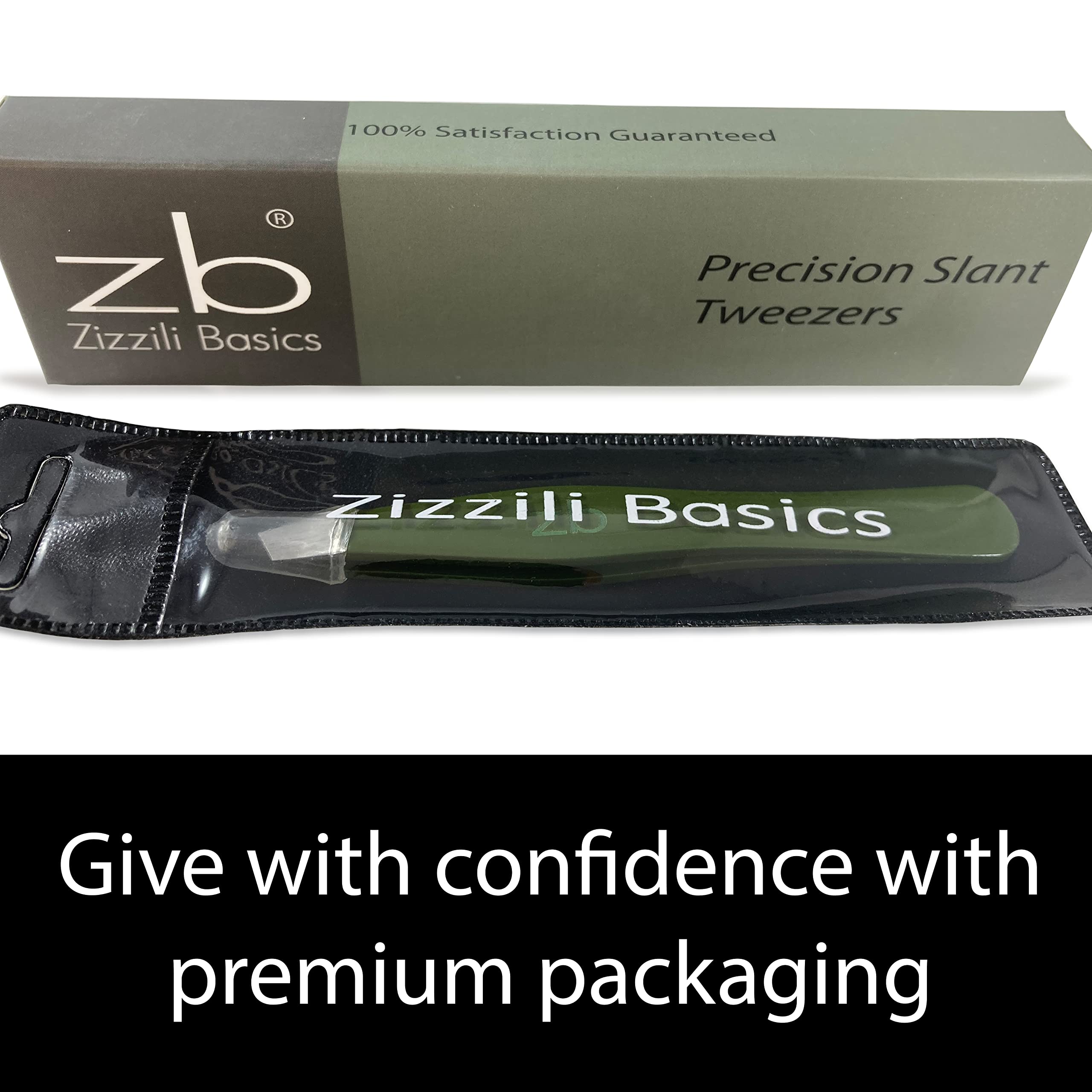 Pinzas de acero inoxidable quirúrgico, punta inclinada para modelar cejas y eliminar el vello facial, con funda protectora (verde militar)
