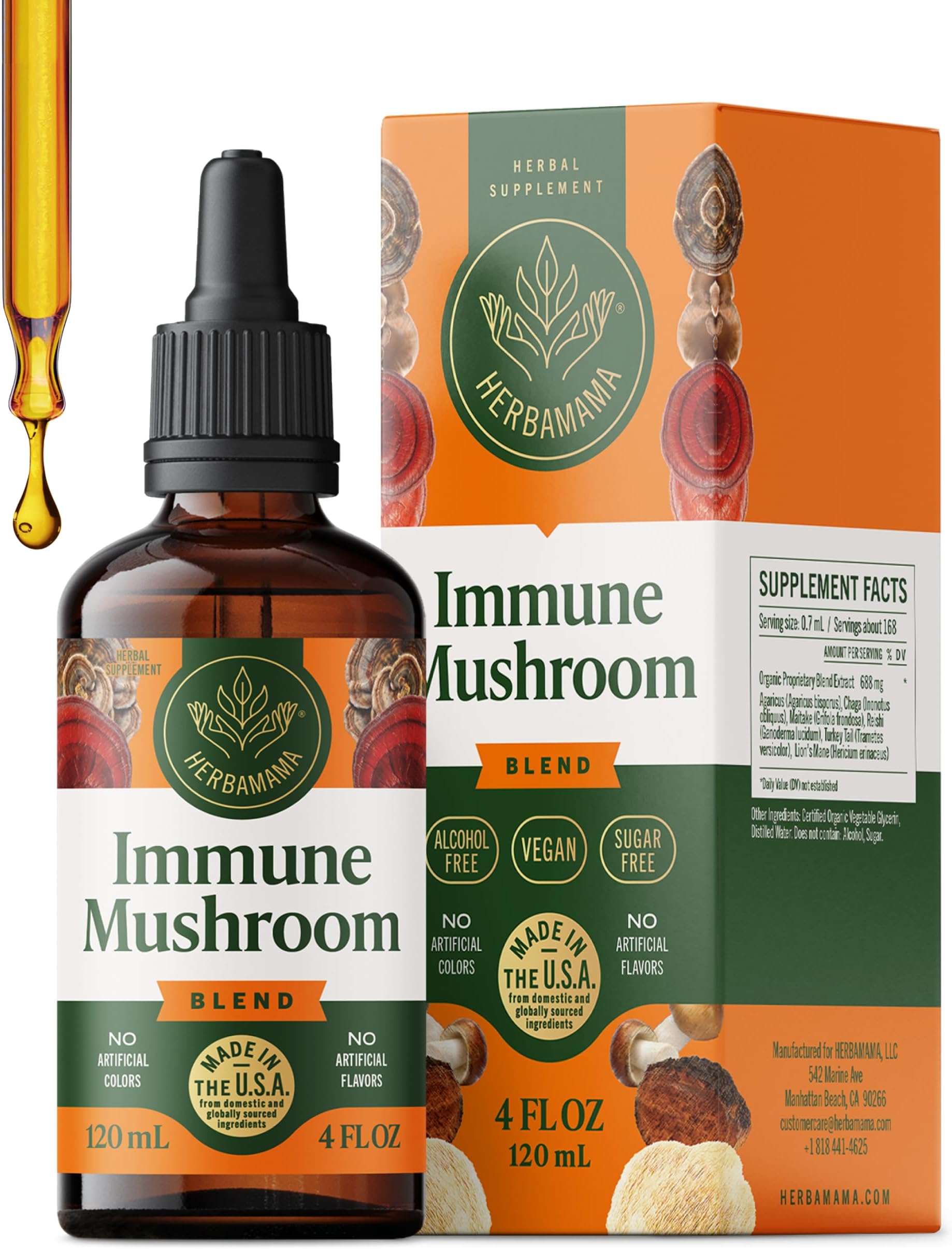 HERBAMAMA Super Immune Mushroom Supplement - Vegan 8-Mushroom Complex Blend with Reishi, Lion's Mane, Cordyceps & Chaga Extract - Non-GMO, Alcohol-Free, Sugar-Free Immunity Drops, 56-Day Supply