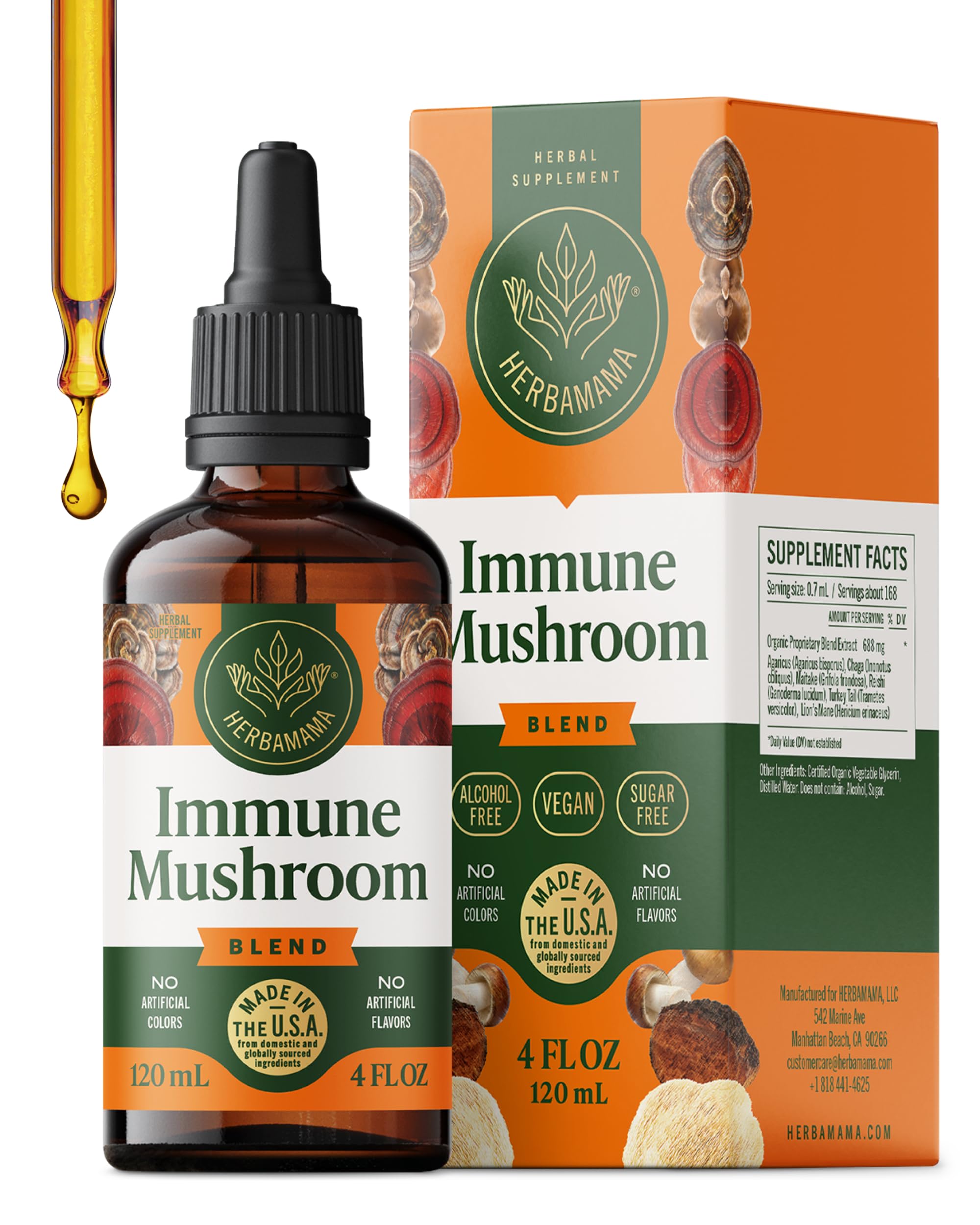 HERBAMAMA Super Immune Mushroom Supplement - Vegan 8-Mushroom Complex Blend with Reishi, Lion's Mane, Cordyceps & Chaga Extract - Non-GMO, Alcohol-Free, Sugar-Free Immunity Drops, 56-Day Supply