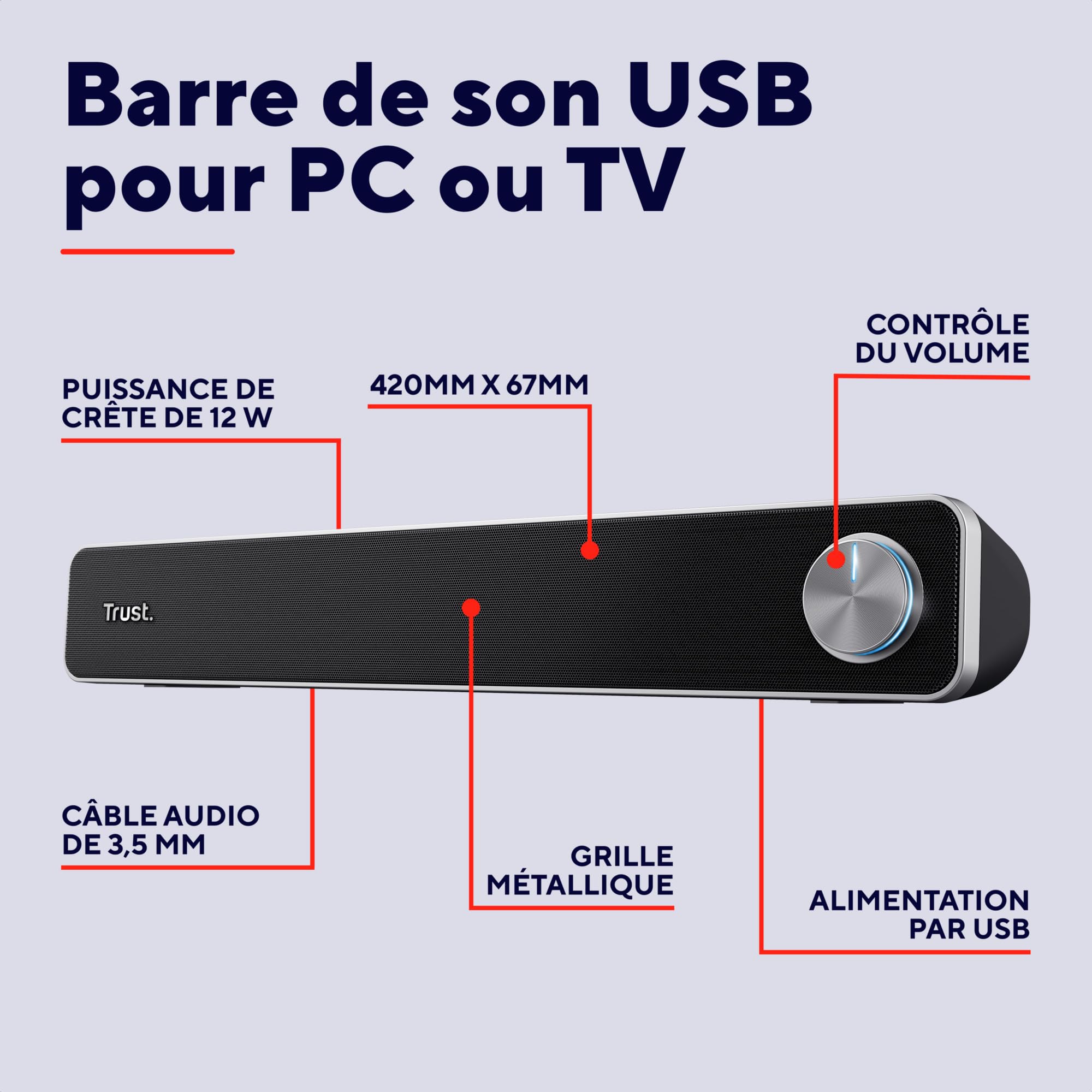 Barre De Son PC Trust Arys – 12W, Alimentation USB, Jack 3.5 Mm – Noir, Compacte