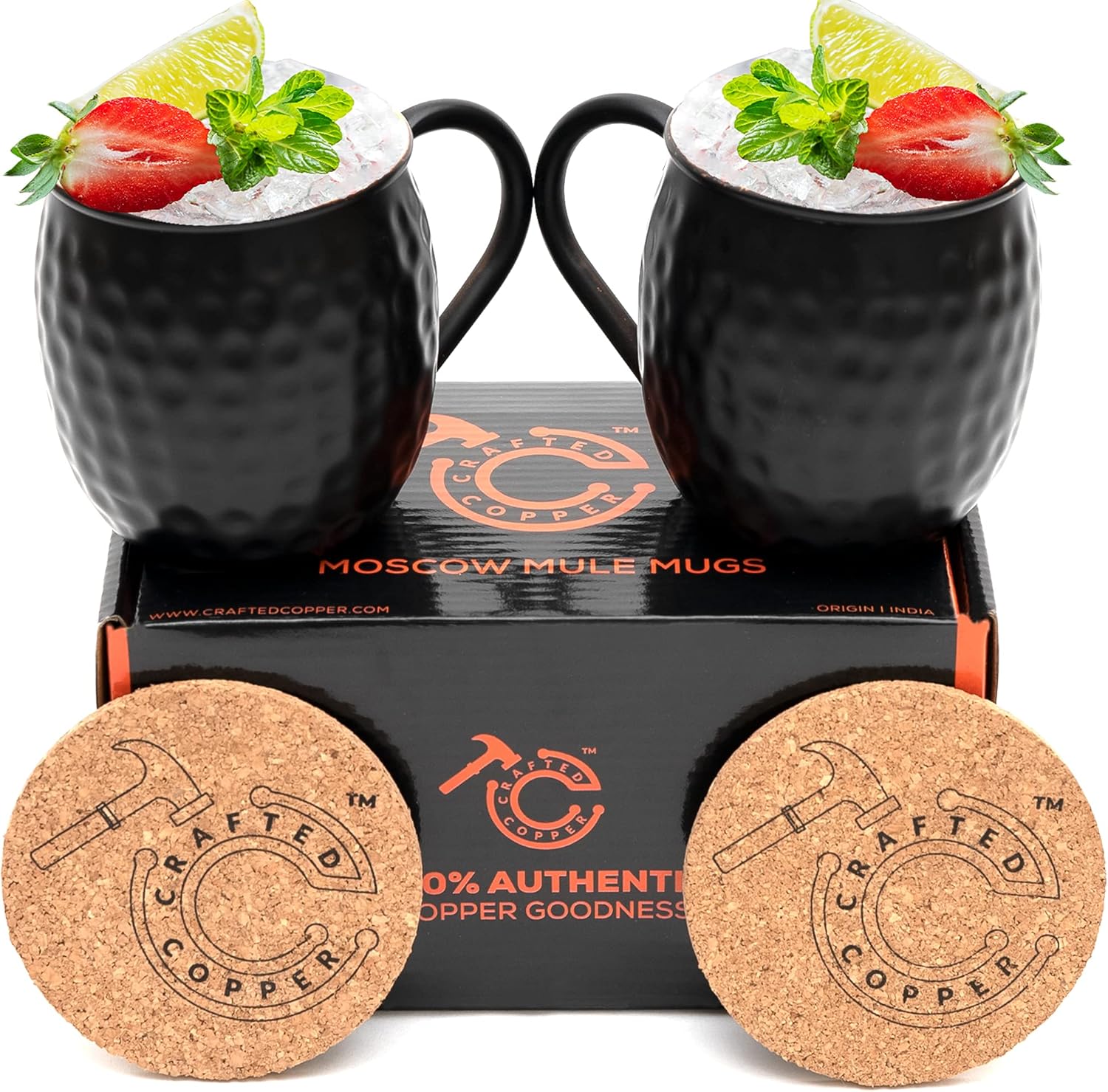 CRAFTED COPPER Moscow Mule Copper Mugs - 100% Pure 16oz Handcrafted Set of 2 Mugs With Coaster for Beer, Wine, Cocktail | Black Antique Food Safe Copper Gift Set