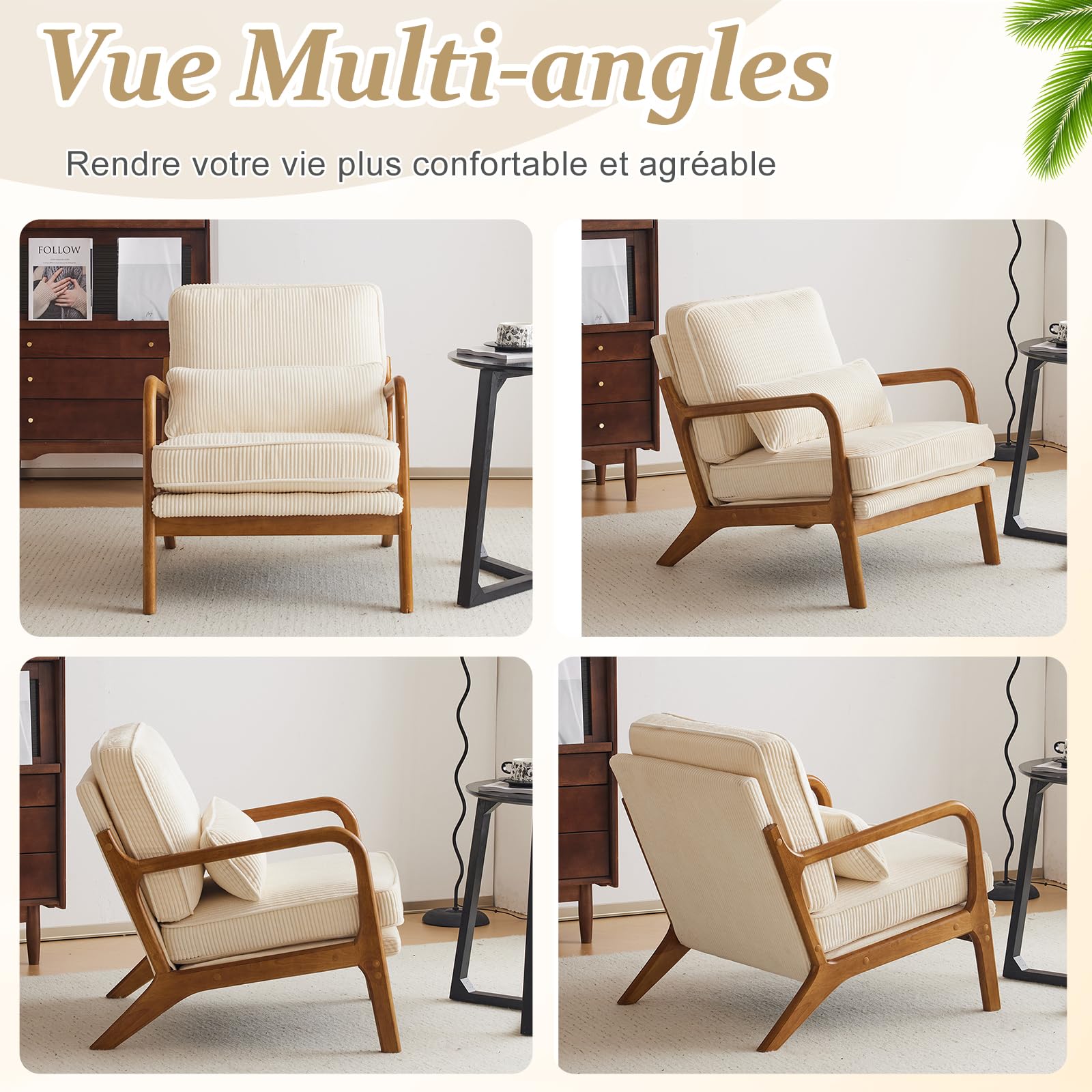 Bonnlo Fauteuil de Salon en Velours Côtelé, Chaise d'Appoint Relaxation avec Cadre en Bois, Siège Confortable pour Salon, Chambre, Terrasse, 65 x 80 x 78 cm (Beige Clair)