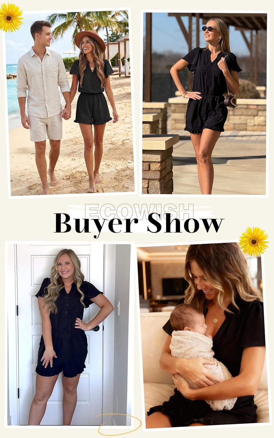 ECOWISH Womens Shorts Rompers Summer Button Short Flare Sleeve Ruffle Wide Leg Mini One Piece Jumpsuits Pockets V Neck Outfit - Image 6