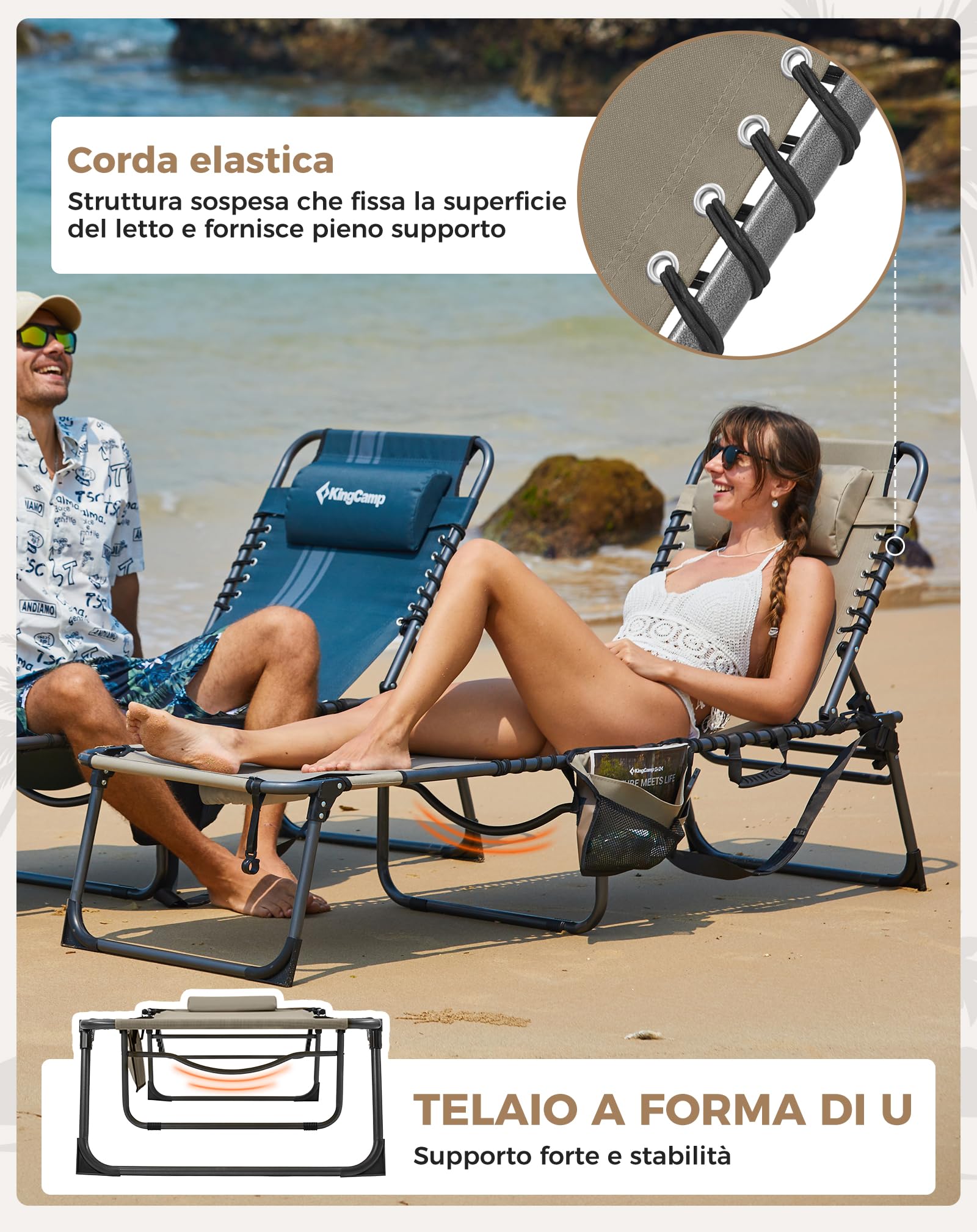 KingCamp Sedia a sdraio pieghevole con schienale regolabile in 5 posizioni, sdraio da giardino, sdraio da spiaggia, campeggio, lettino pieghevole con cuscino per la spiaggia, il giardino, la terrazza