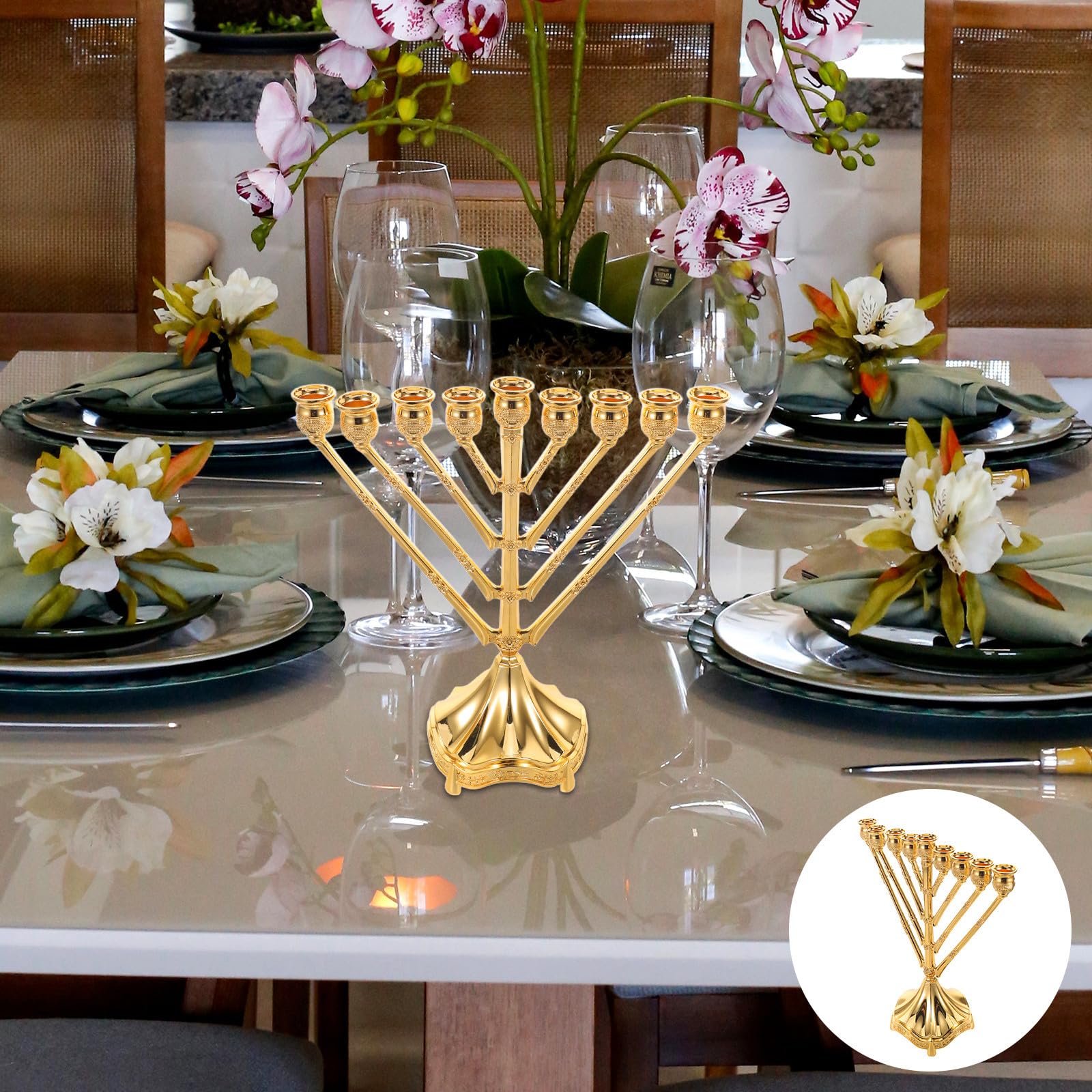 Menorá de Hanukkah Candelabro Clásico de 9 Brazos Dorado | Aleación de Zinc, Pieza Única, Centro de Mesa para Hogar y Decoración Festiva