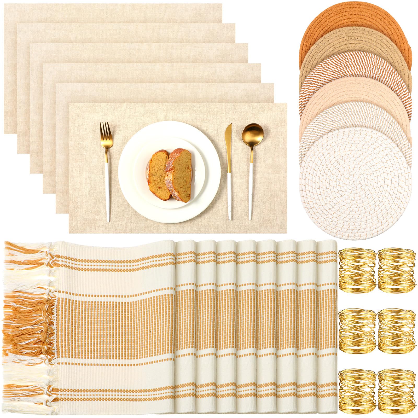 Xuhal 19 Pcs Table Runner Placemat and Napkin Ring Set Modern Woven Macrame Runner with Tassel 11.8 x 106.3'' Round and Rectangle Table Mat for Fall