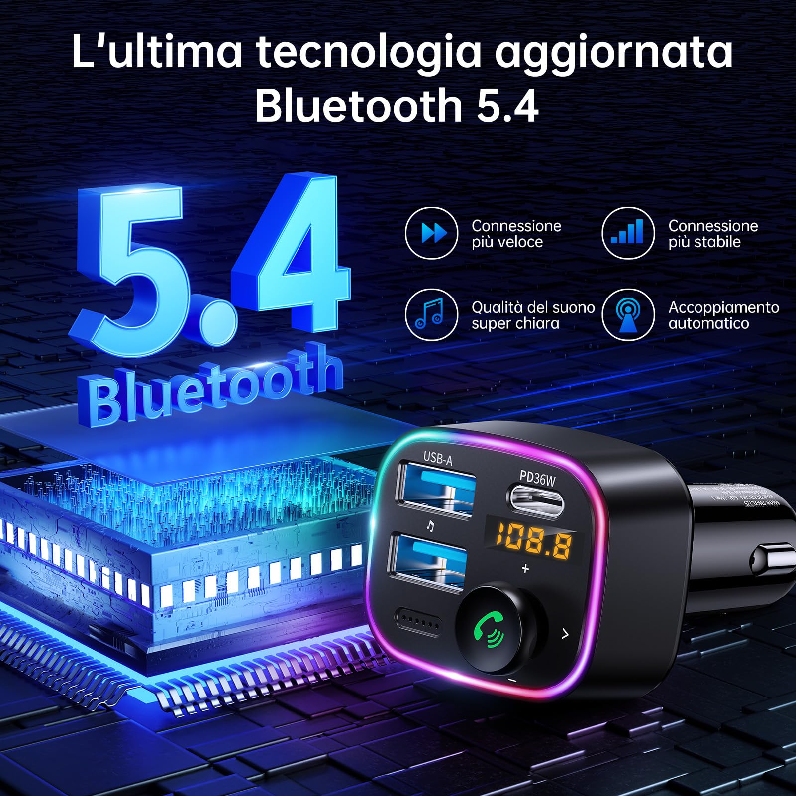 Syncwire Trasmettitore FM Bluetooth 5.4, 48W (PD 36W e 12W) Doppia Porta USB di Ricarica Adattatore Auto, Radio Ricevitore Wireless, Display LED, Chiamate in Vivavoce, Supporto Unità USB 64GB
