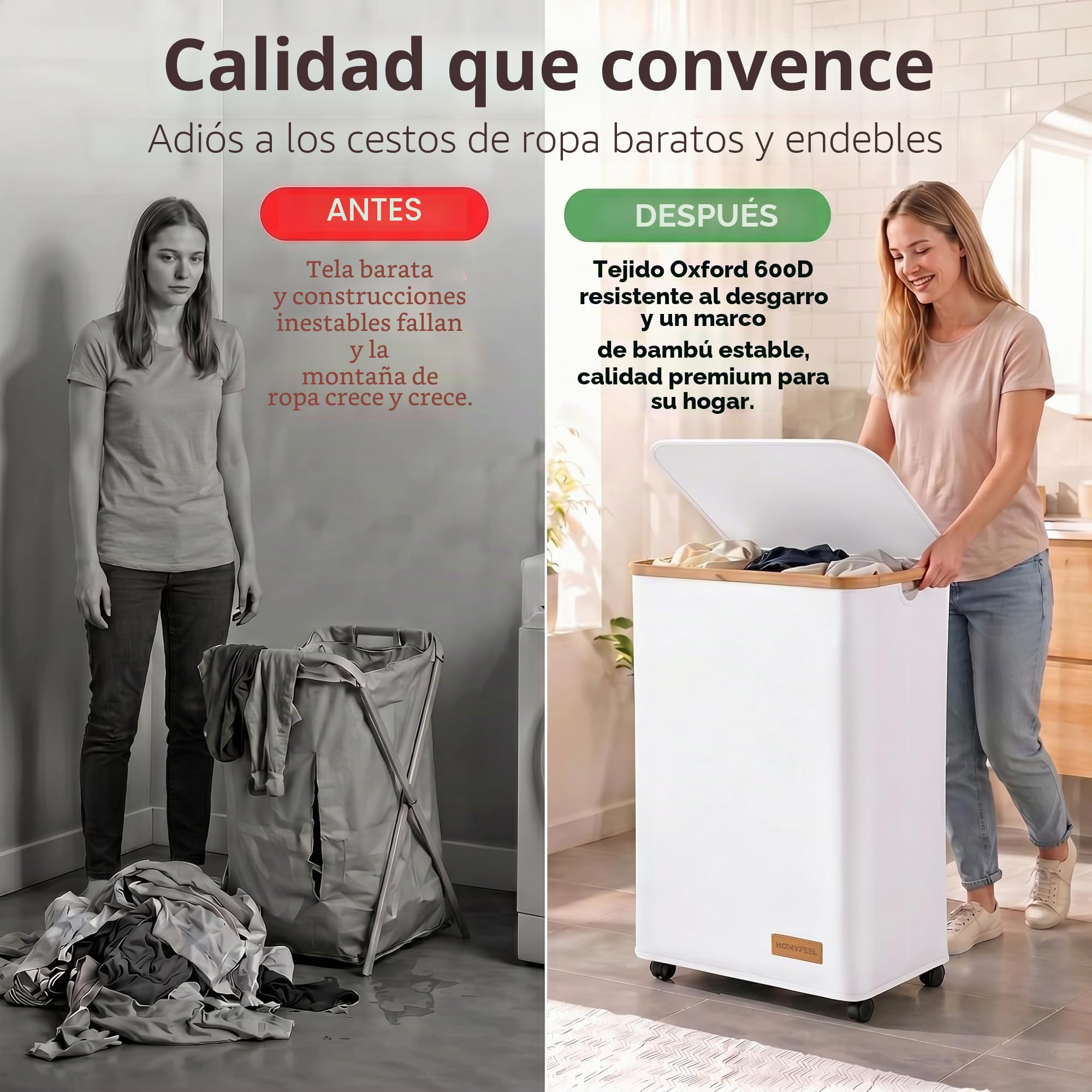 HomyFeel - Cesto para la colada con 3 compartimentos, 57 x 37,5 x 79 cm, 160 L, cesta para la ropa con tapa, bolsa de lavandería extraíble, cesta plegable de tela Oxford, cesta para la ropa con ruedas