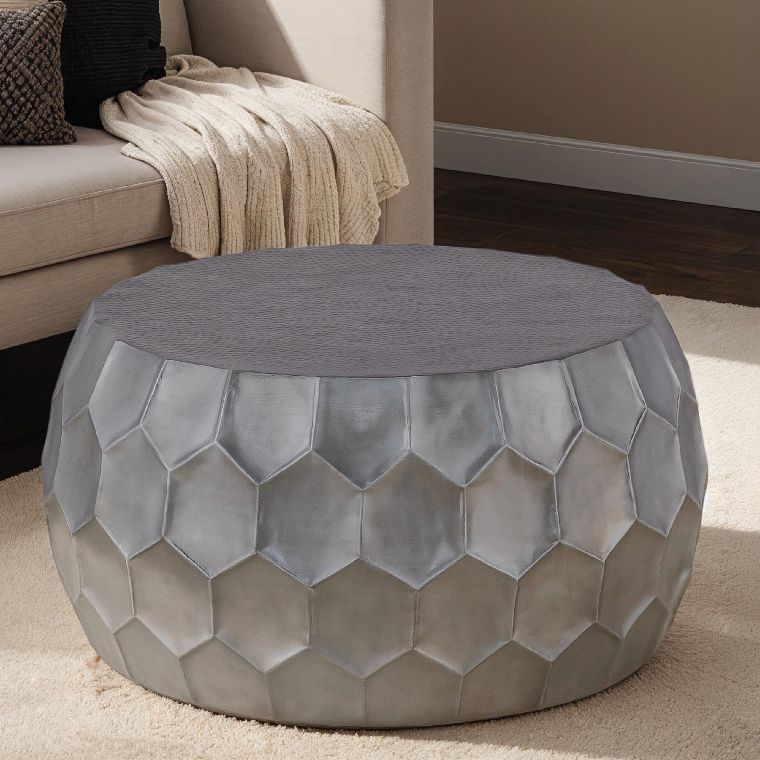 CT101 Modern Contemporary Round Aluminum Material 32 Coffee Table Farmhouse Table with Glossy Diamond-Patterned Base Antique Silver