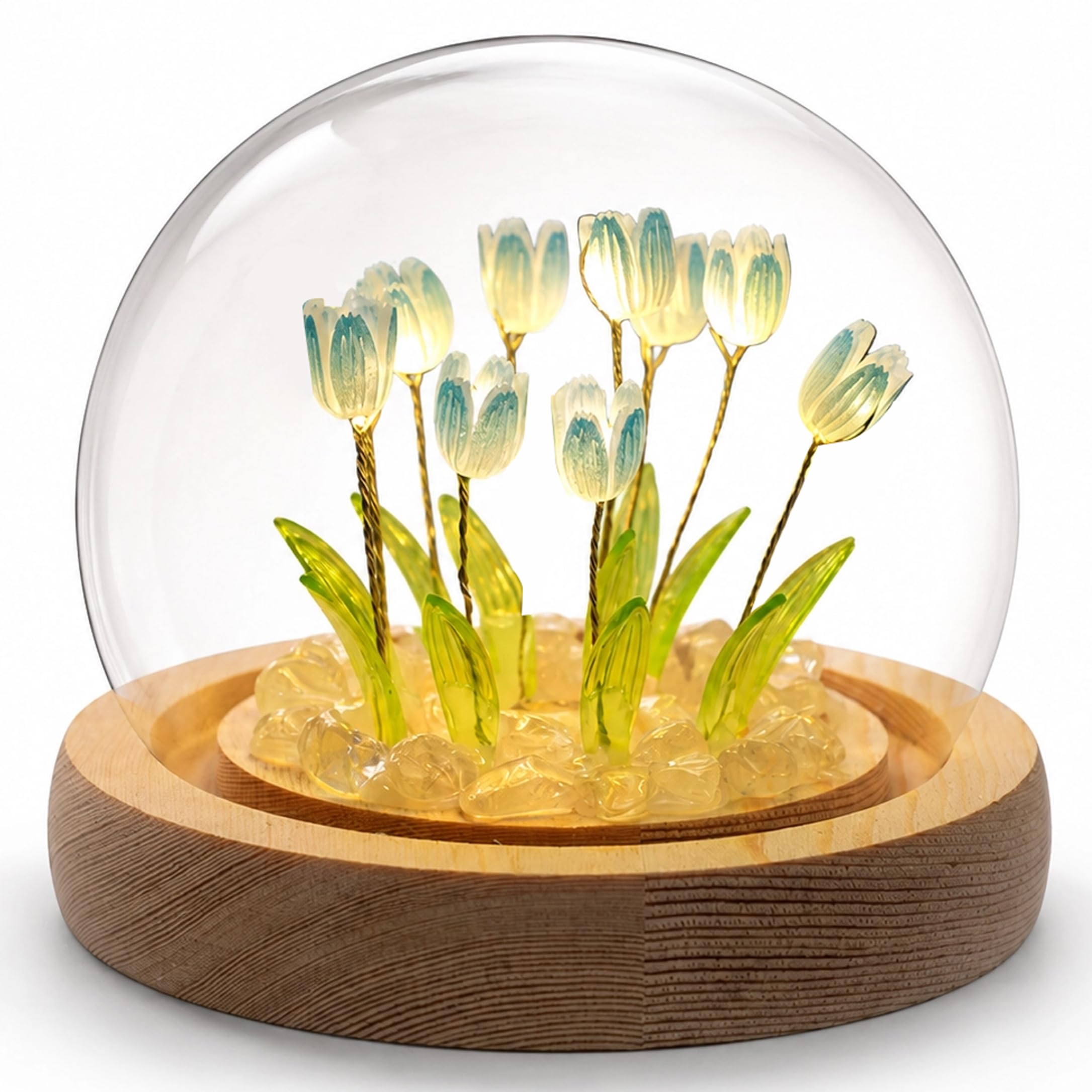 Yeaxxsqy 2pcs Diy Flower Night Light Set: Glass Globe, Flowers, & Usb-powered Wood Base With Bag, Blue