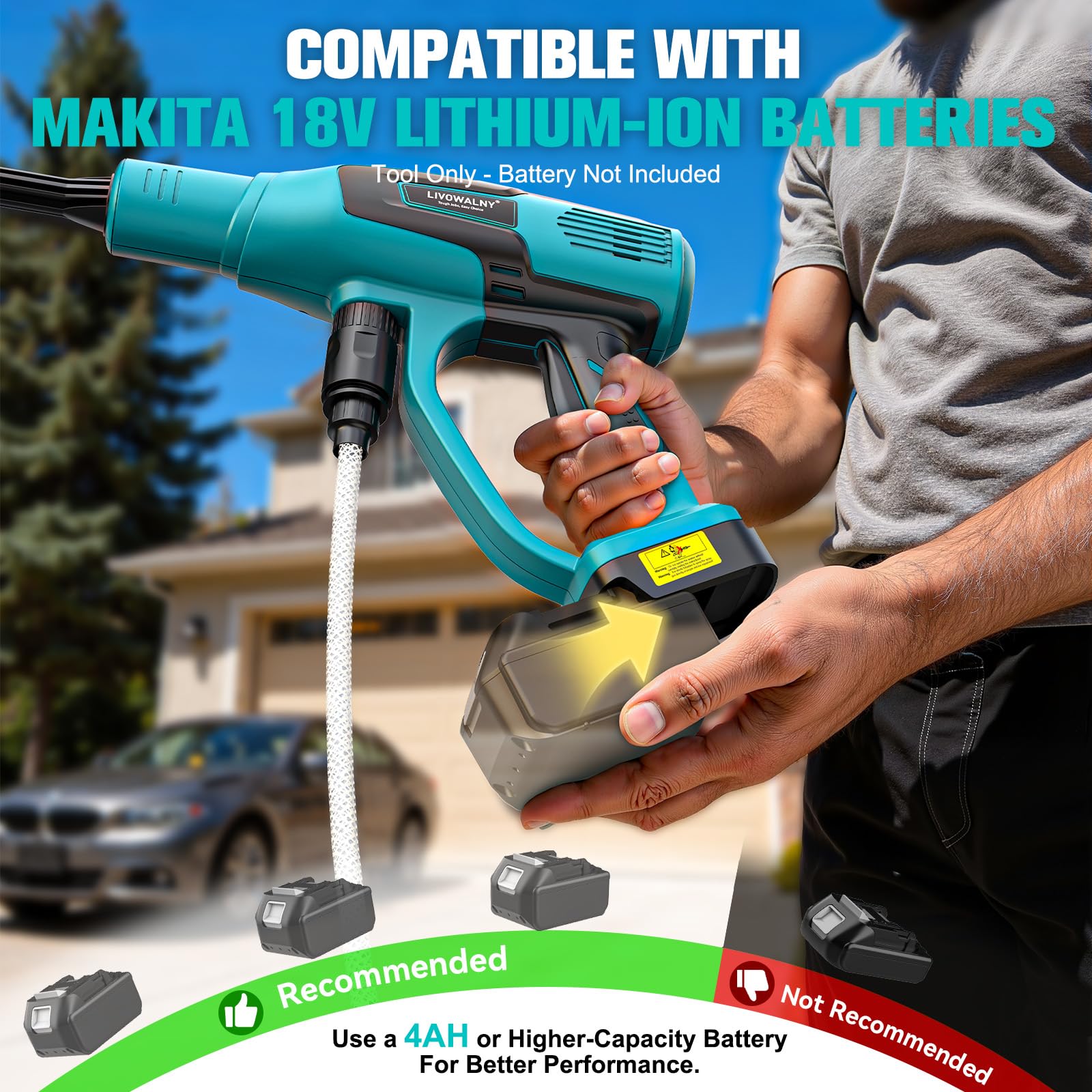 LIVOWALNY Hidrolimpiadora de Alta Presion Compatible con Makita 18V, Hidrolimpiadora Bateria 82 Bar, Sin Cepillos, 6L/Min, 3Niveles, Boquilla 6 en 1, para Automóvil, Jardín(Solo Herramientas)-Azul
