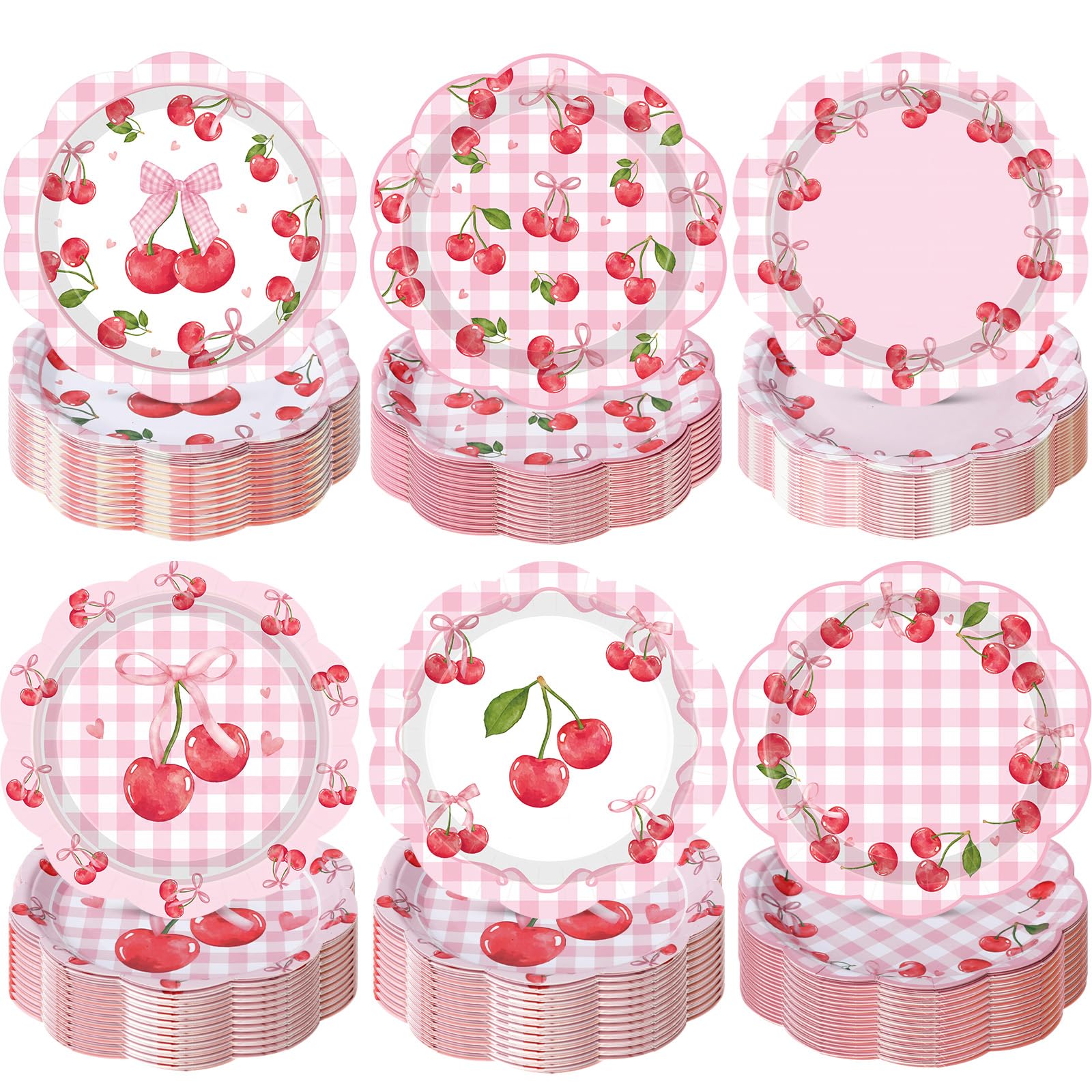 Funnymoom 60 Pcs 7 Inch Cherry Bow Paper Plate Pink Cherries Birthday Decoration She's The Cherry on Top Party Supplies Disposable Scalloped Gingham Dessert Cake Plate for Fruit Baby Shower Party