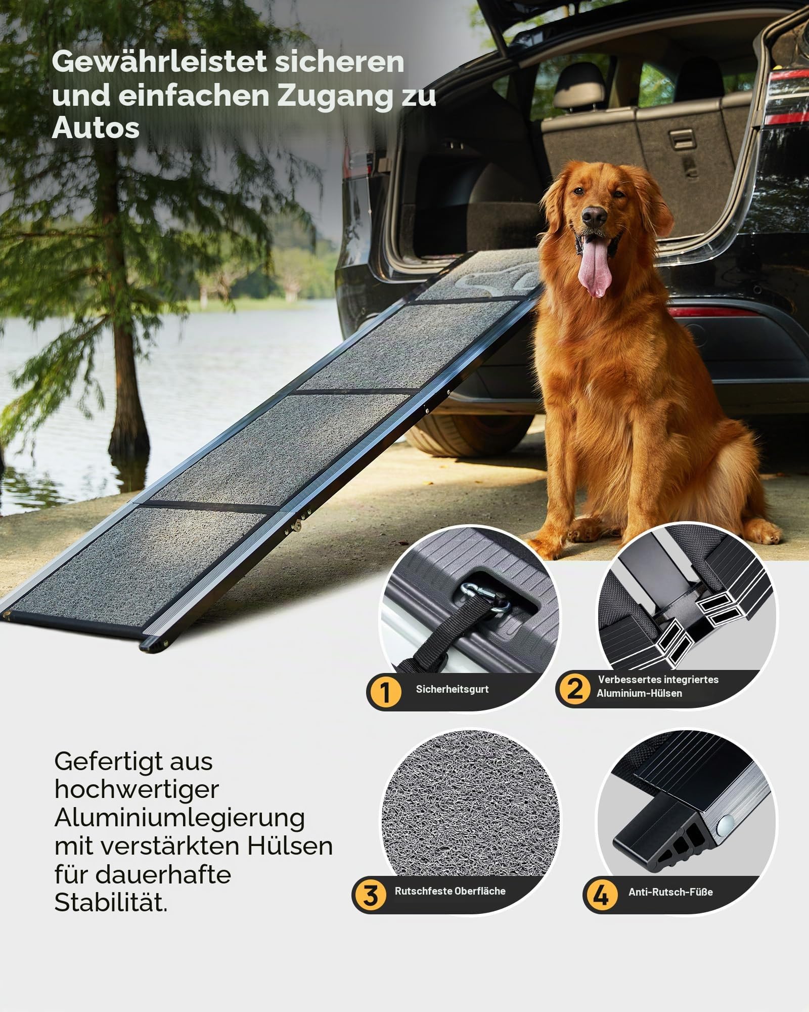 PetThem Hunderampe für Auto, 160 cm lang & 43,2 cm breit, tragbare Hunderampe für große Hunde mit Rutschfester Teppichoberfläche, Hunderampe für SUV, Auto & LKW, zusammenklappbare Hunderampe bis zu