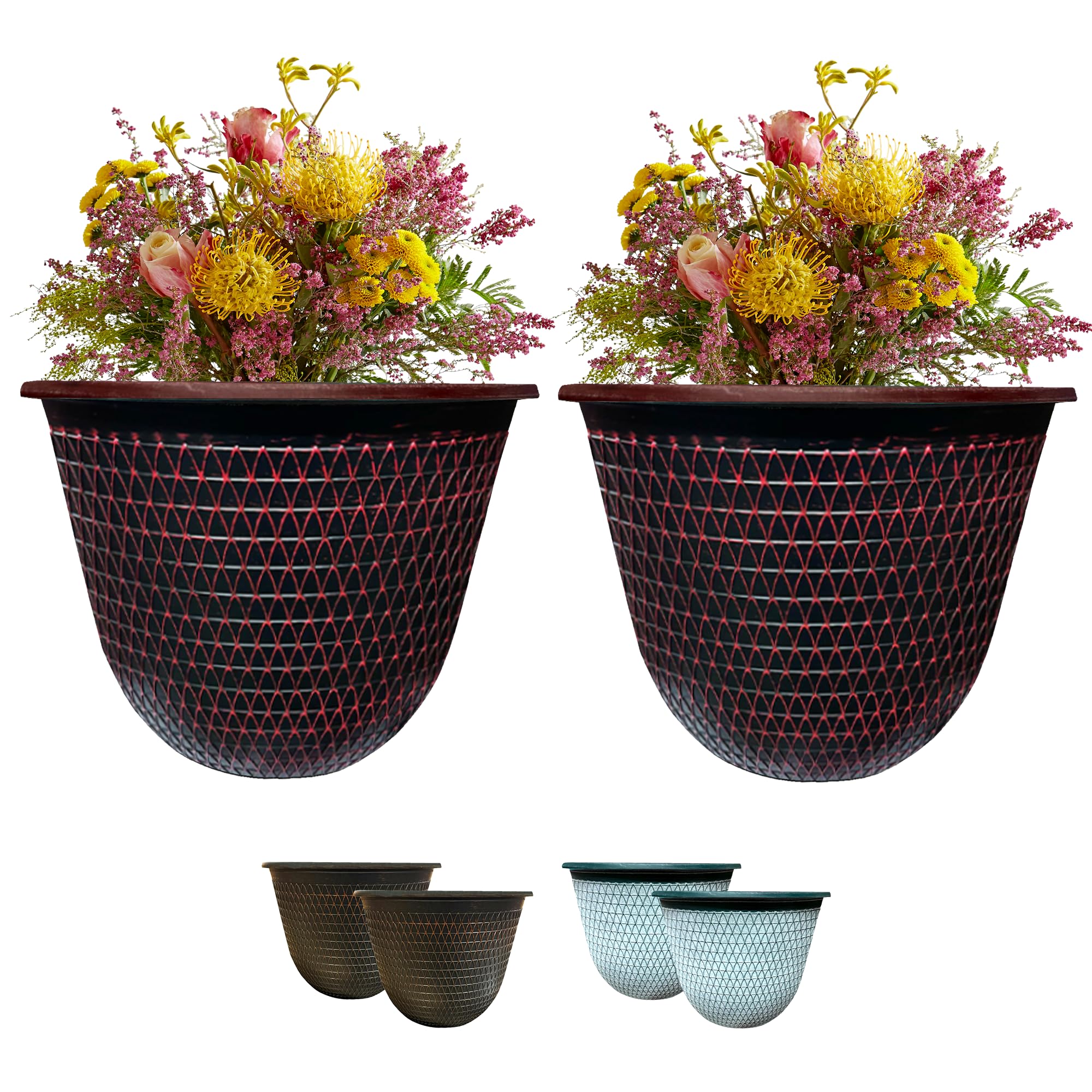 Sg Traders Black Red Camden Plant Pots, Outdoor Planters For Garden, Plant Pots For Garden, Enhance Your Outdoor With Beautiful Planter Pot, Flower Planter With Drainage Holes- 25Cm, Pack Of 2 (Black Red)
