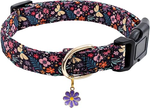 Faygarsle Collar de algodón para perros de diseño de flores lindas para hembras pequeñas, medianas y grandes con dijes de flores moradas, M