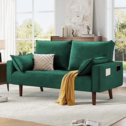 DWVO 56" Loveseat Sofa, Velvet Fabric Sofa Couch for Small Space, Modern Loveseat with Button Tufted Seat and Side Storage Pockect, 2 Seater Couch for Living Room Bedroom, 2 Pillows Included, Green