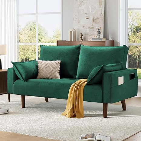 DWVO 56" Loveseat Sofa, Velvet Fabric Sofa Couch for Small Space, Modern Loveseat with Button Tufted Seat and Side Storage Pockect, 2 Seater Couch for Living Room Bedroom, 2 Pillows Included, Green