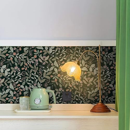 Vista 20 de Ismoon Papel tapiz verde para despegar y pegar, diseño bohemio floral y hojas en papel adhesivo grueso, papel adhesivo botánico oscuro, extraíble