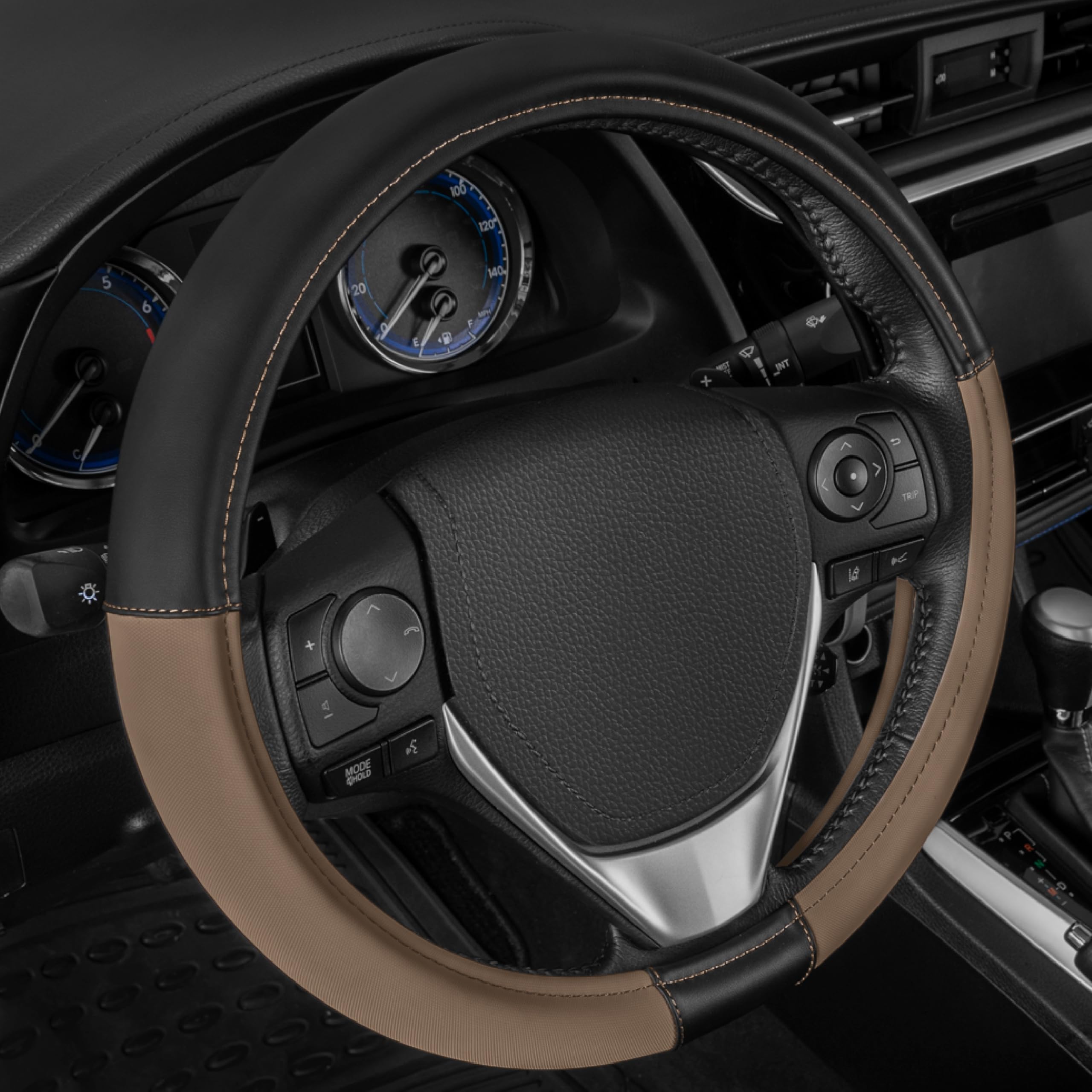 Caterpillar Two Tone Ergonomic Soft Leather Grip Steering Wheel Cover – Strong, Durable and Comfortable Universal Size 14.5-15.5 Inch (Beige/Black) (CASW-2221-BG)