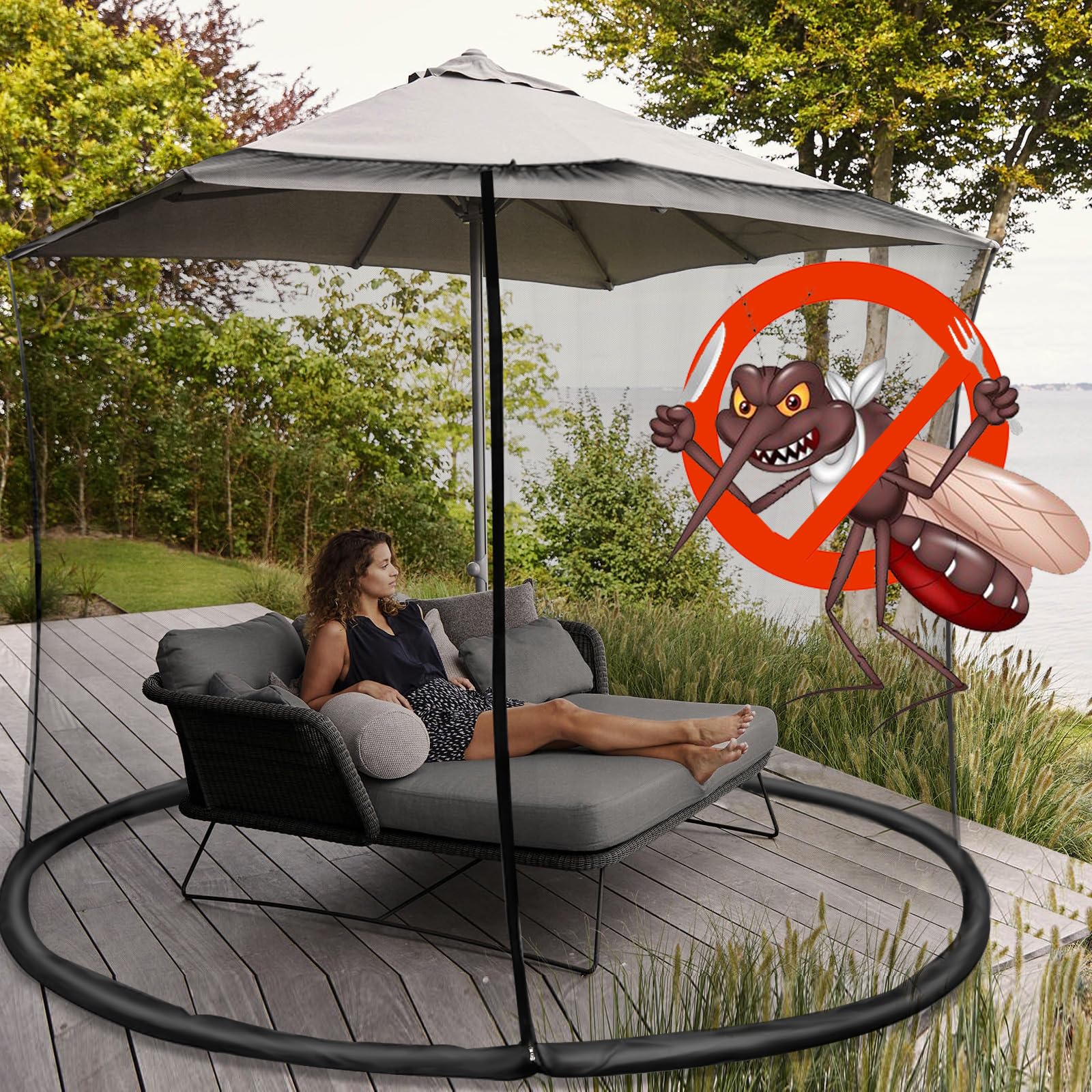 Mosquitera para Sombrilla Terrazas, 300x300x230cm Mosquiteras con Cremallera y Base Rellenable, Ideal para Sombrillas Redondas, Rectangulares, Playa, Balcón, Jardín y Colgantes