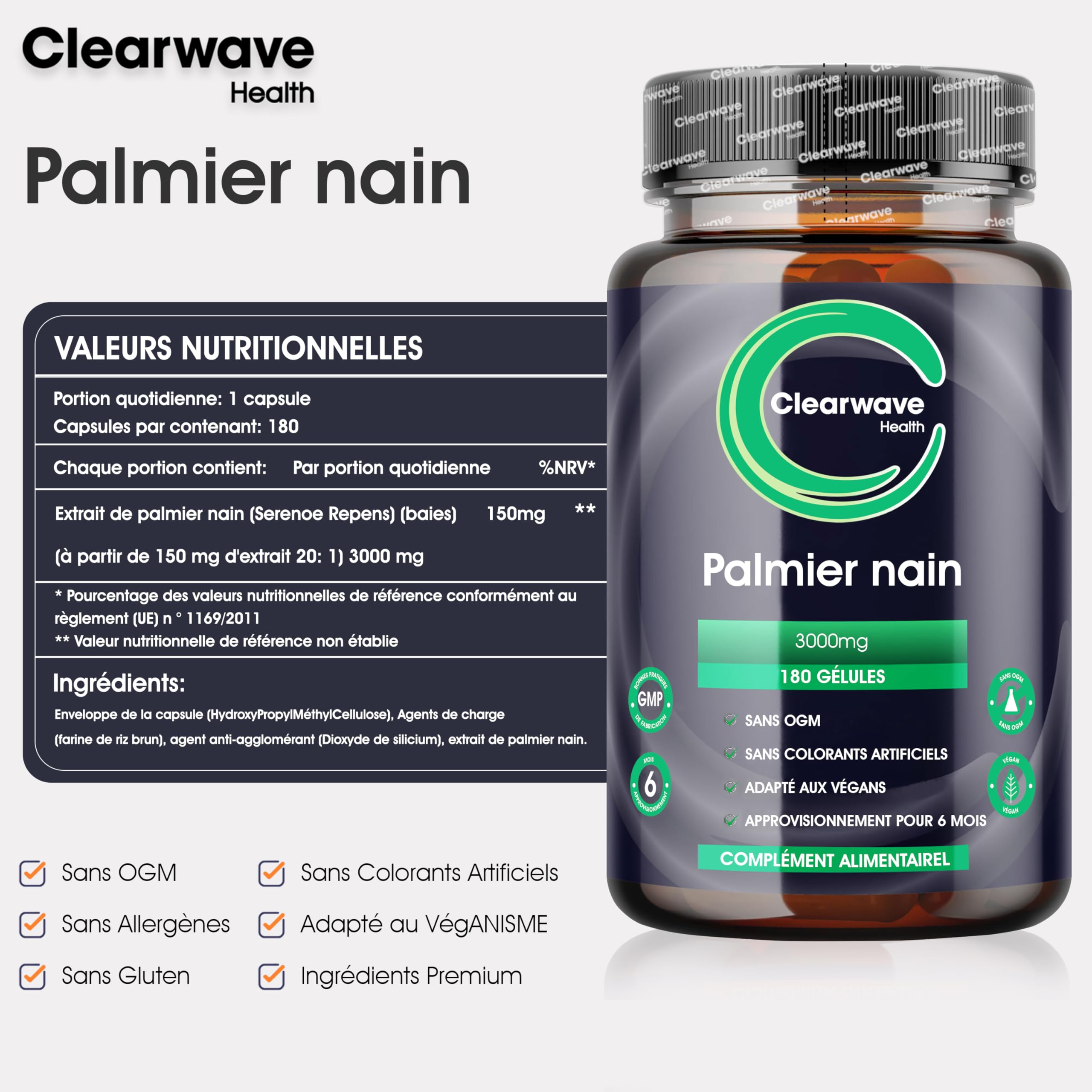 Extrait de palmier nain - dose quotidienne équivalente de 3000 mg utilisant un extrait 15:1. 180 capsules végétaliennes - Extrait de palmier nain à haute dose - 6 mois d'approvisionnement.