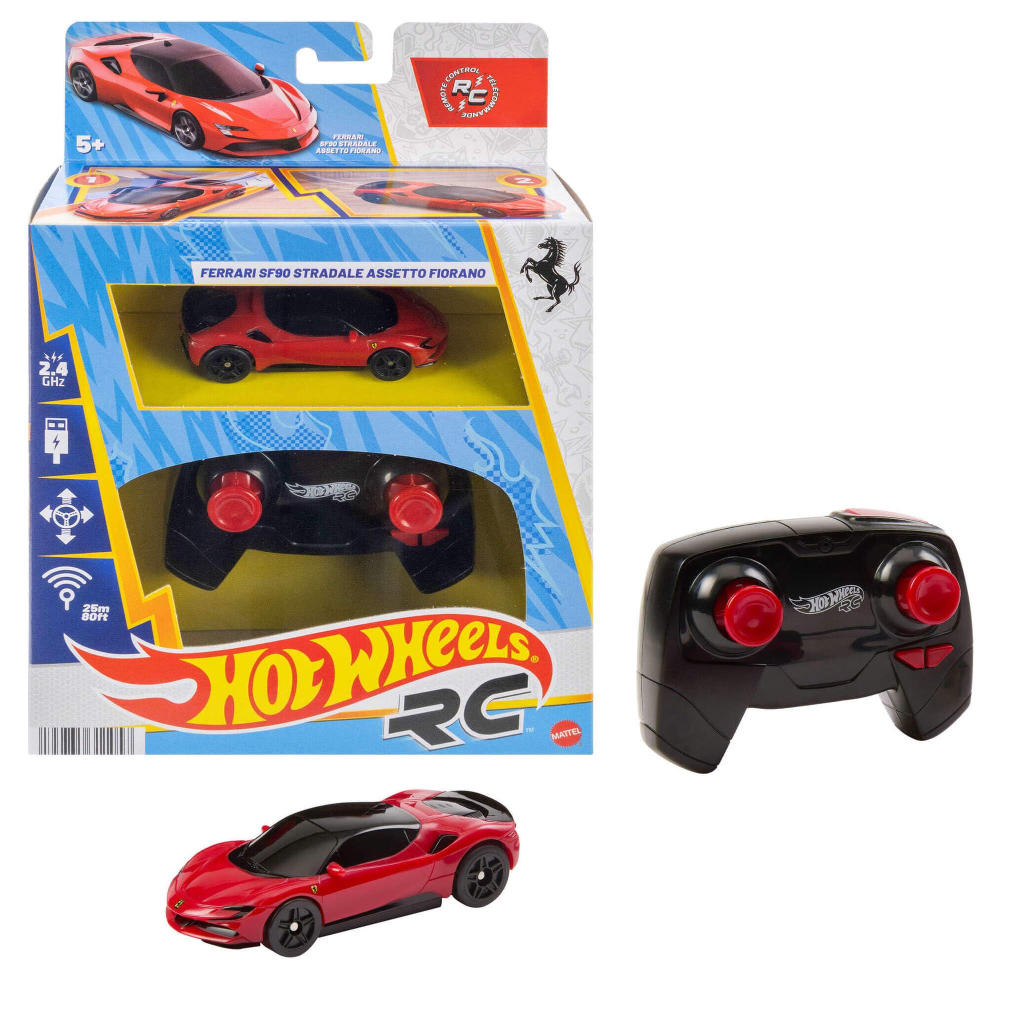 Hot Wheels RC Ferrari SF90 Stradale Assetto Fiorano Coche de Juguete teledirigido a Escala 1:64, Corre Dentro y Fuera de la Pista, botón de aceleración para Aumentar la Velocidad, JGD09
