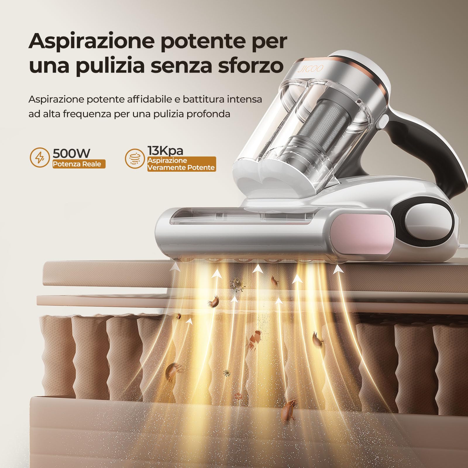 JIGOO J300 Battimaterasso,500W Aspiratore portatile intelligente per materassi, Aspirapolvere antiacaro con luce UV, rimuove il 99,9% degli allergeni, per materassi, letti, divani e mobili imbottiti