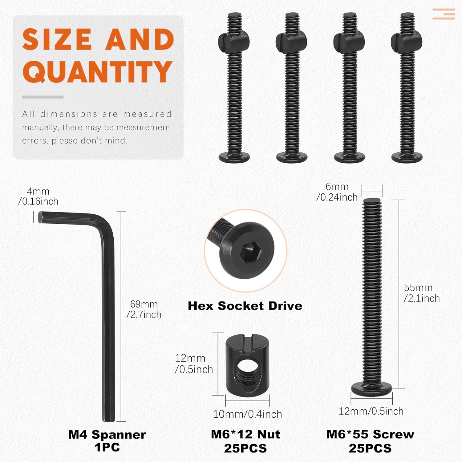 Buy Rustark 25 Pcs M6x55mm Black Hex Socket Cap Screws Barrel Nuts Kit