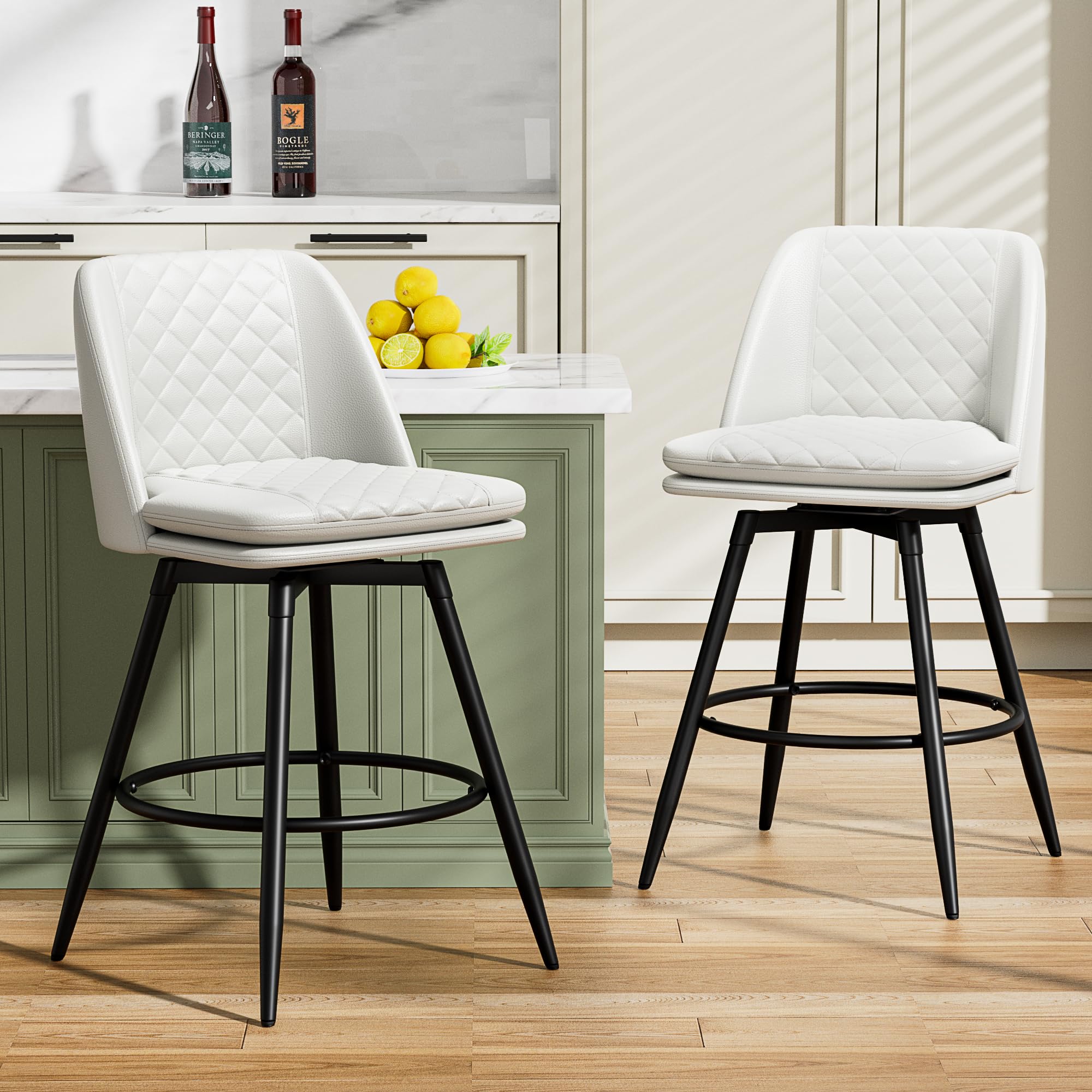 26 inch Bar Stools Set of 2, 360° Swivel Counter Height Barstools with Back, Double-Layer Upholstered Faux Leather Modern Bar Chair with Metal