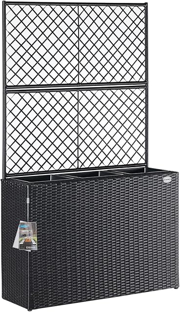 CASARIA Large Rattan Garden Trough Planter Flower Pots Planters With Trellis | Raised Bed | Growing Climbing Frame Support | Outdoor Garden Patio | Black