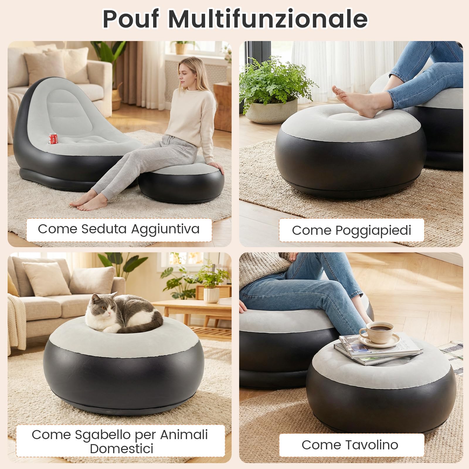 COSTWAY Poltrona Gonfiabile con Poggiapiedi, Divano Gonfiabile Portatile con Superficie Vellutata, Portabicchiere, Divano Singolo Gonfiabile per Esterno Interno Campeggio Viaggi