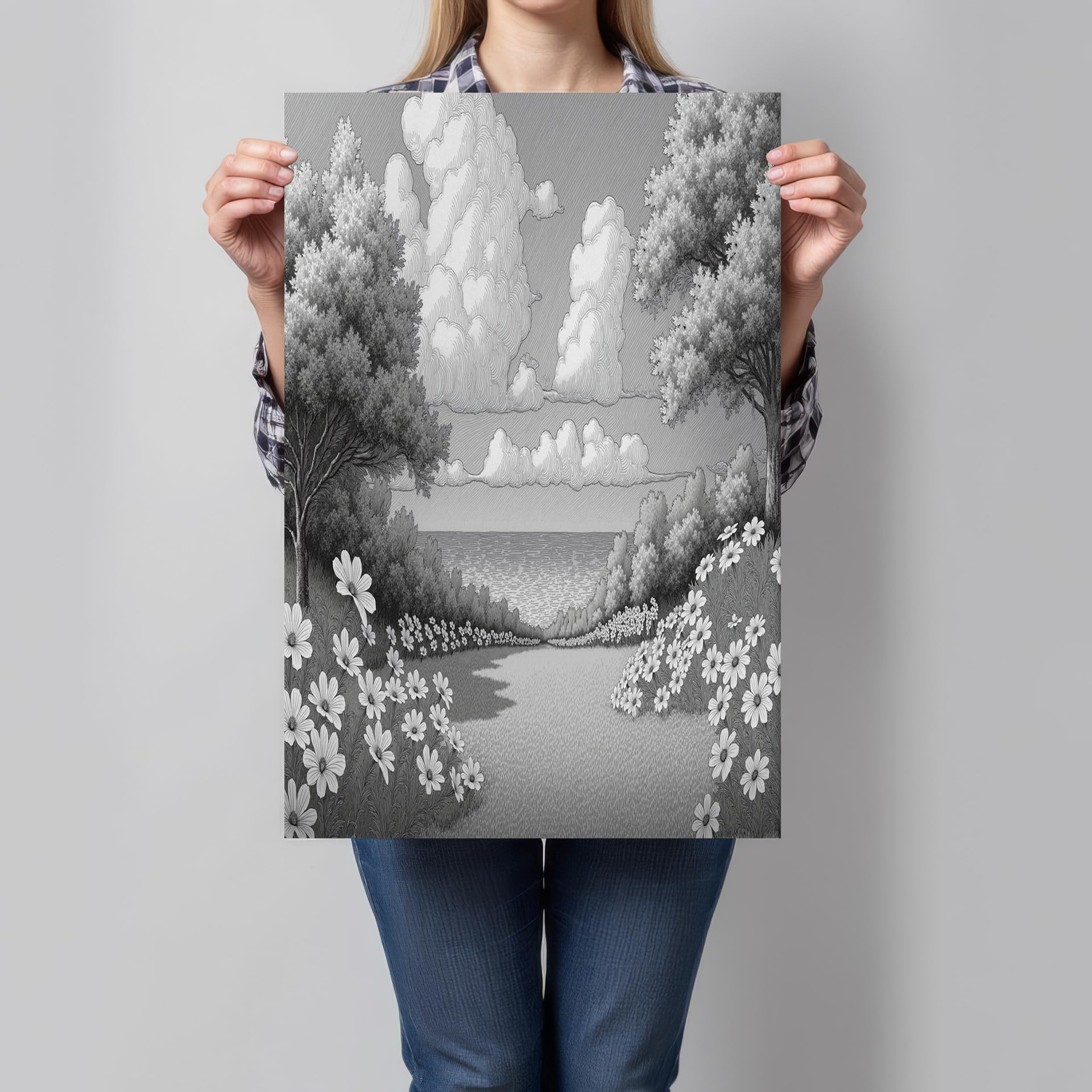 GDJSMIN Arte Murale Alberi Fiori E Motivo Marino, Decorazione Da Parete Per Bagno Schizzo Giardino Paesaggistico, Arte Murale Grigio Chiaro Su Tela Per Camera Da Letto Bagno 80×120 Cm Senza Cornice