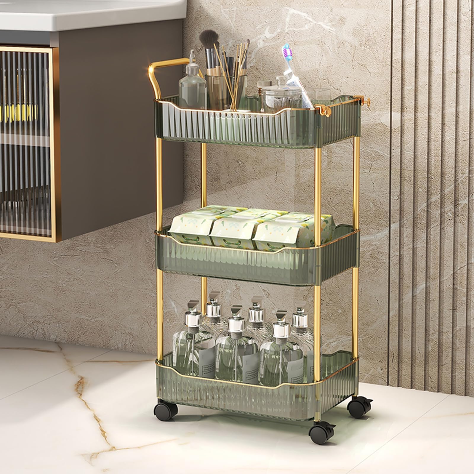 Carrito de almacenamiento rodante acrílico transparente – Estantes móviles de 4 niveles con asa y ruedas bloqueables para baño, cocina y organización de servicios, fácil movilidad y solución de ahorro