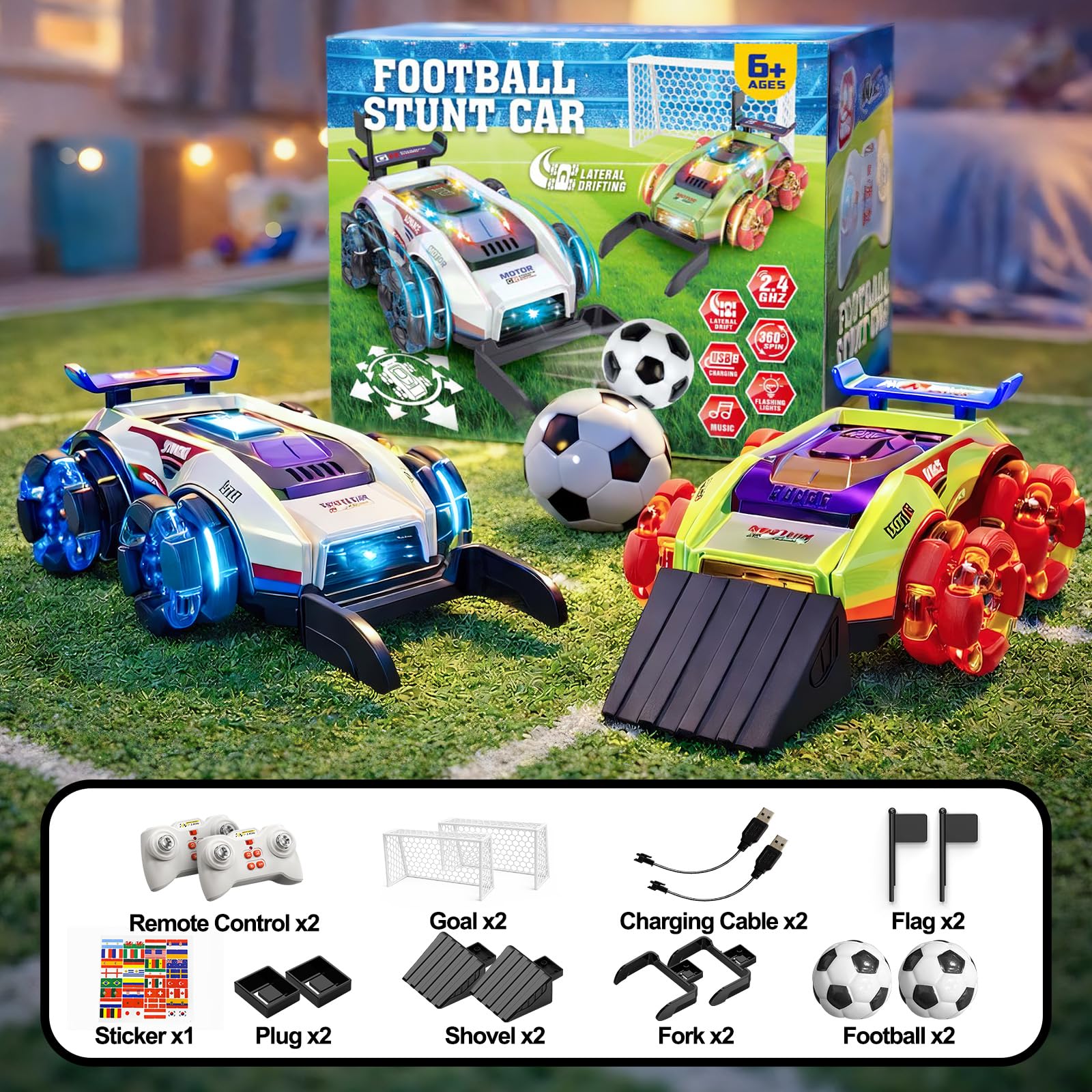 YESHIN 2 Coches de fútbol teledirigidos RC 2.4 GHz, Coches con luz LED y rotación 360°, Juego de fútbol con portería y Pelota, Juguete para niños 6+ años