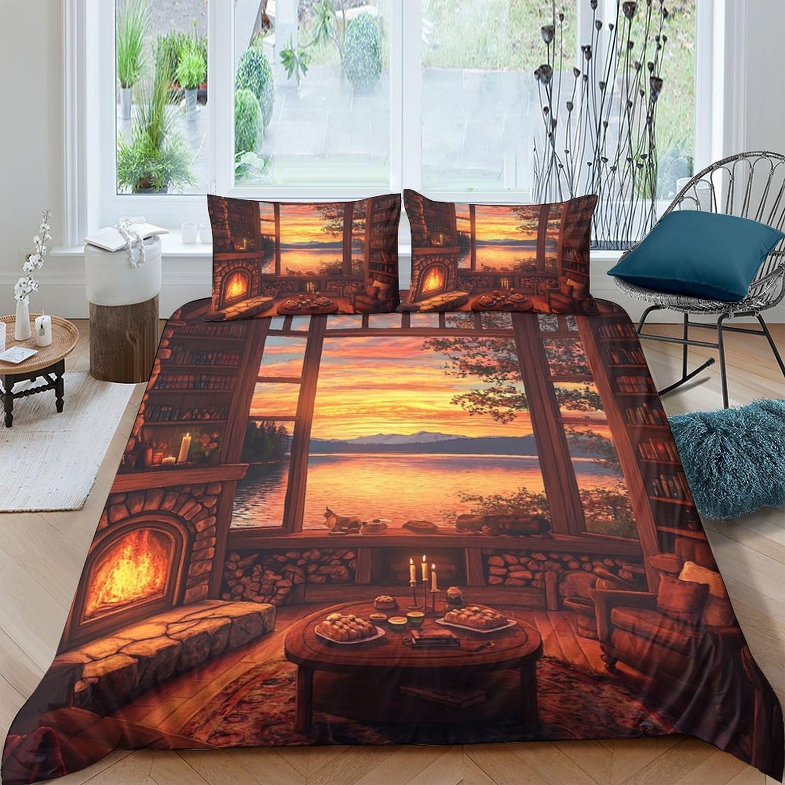 Ctjqhvkz Style-7 3D Printed Fireplace Sunset View Fitted Sheet Microfiber Soft Bed Cover For Bedroom Decor Anti-Slip Washable Single（135X200cm）