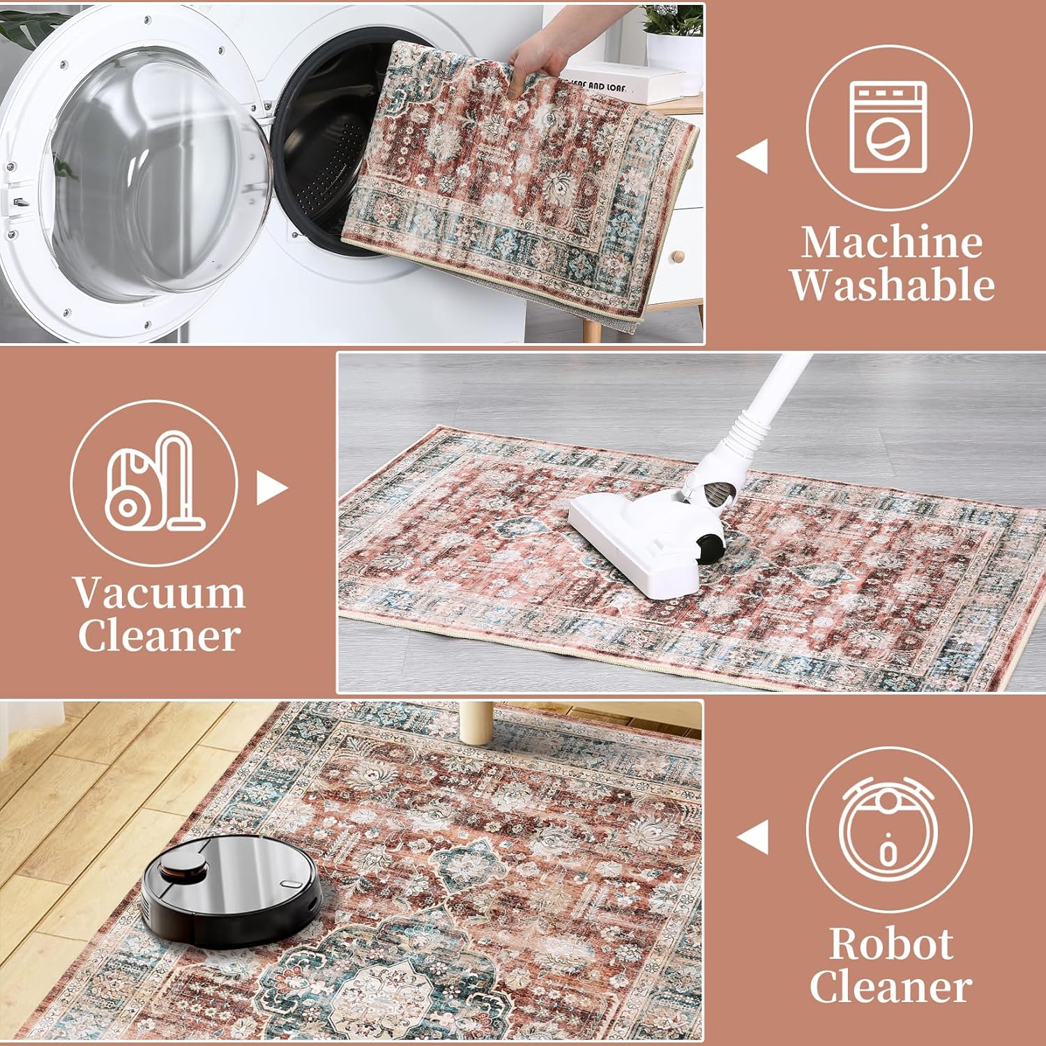 COZYLOOM Washable Rug 6x9 Vintage Medallion Area Rug Oriental Floral Distressed Rug Non-Slip Backing Accent Rug for Bedroom Living Room Playroom Nursery Home Office Dorm Rust - Image 7