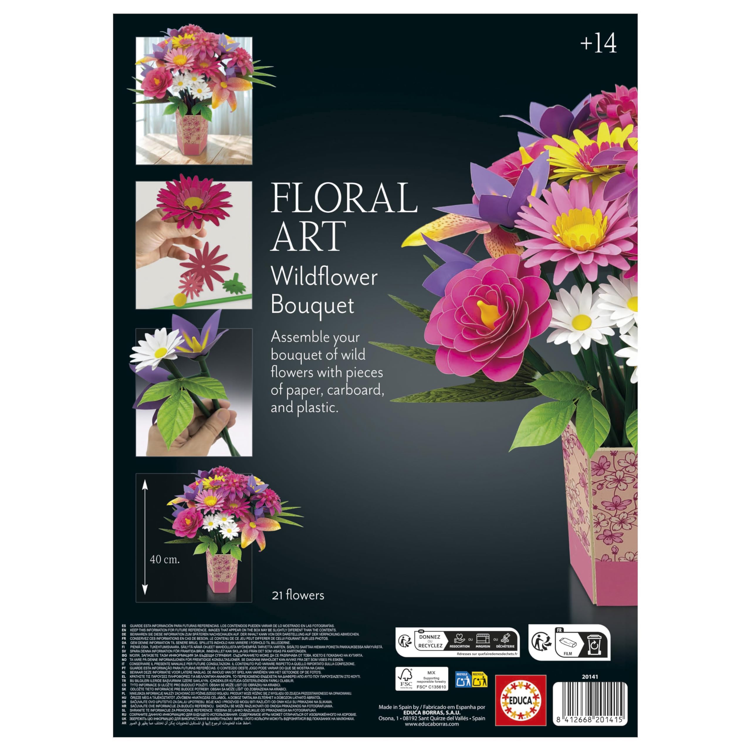 Educa - Bouquet de fleurs sauvages Art floral, Kit de bricolage pour réaliser dix-neuf fleurs sauvages en papier sans avoir besoin de colle ni de ciseaux, A partir de 6 ans (20141)