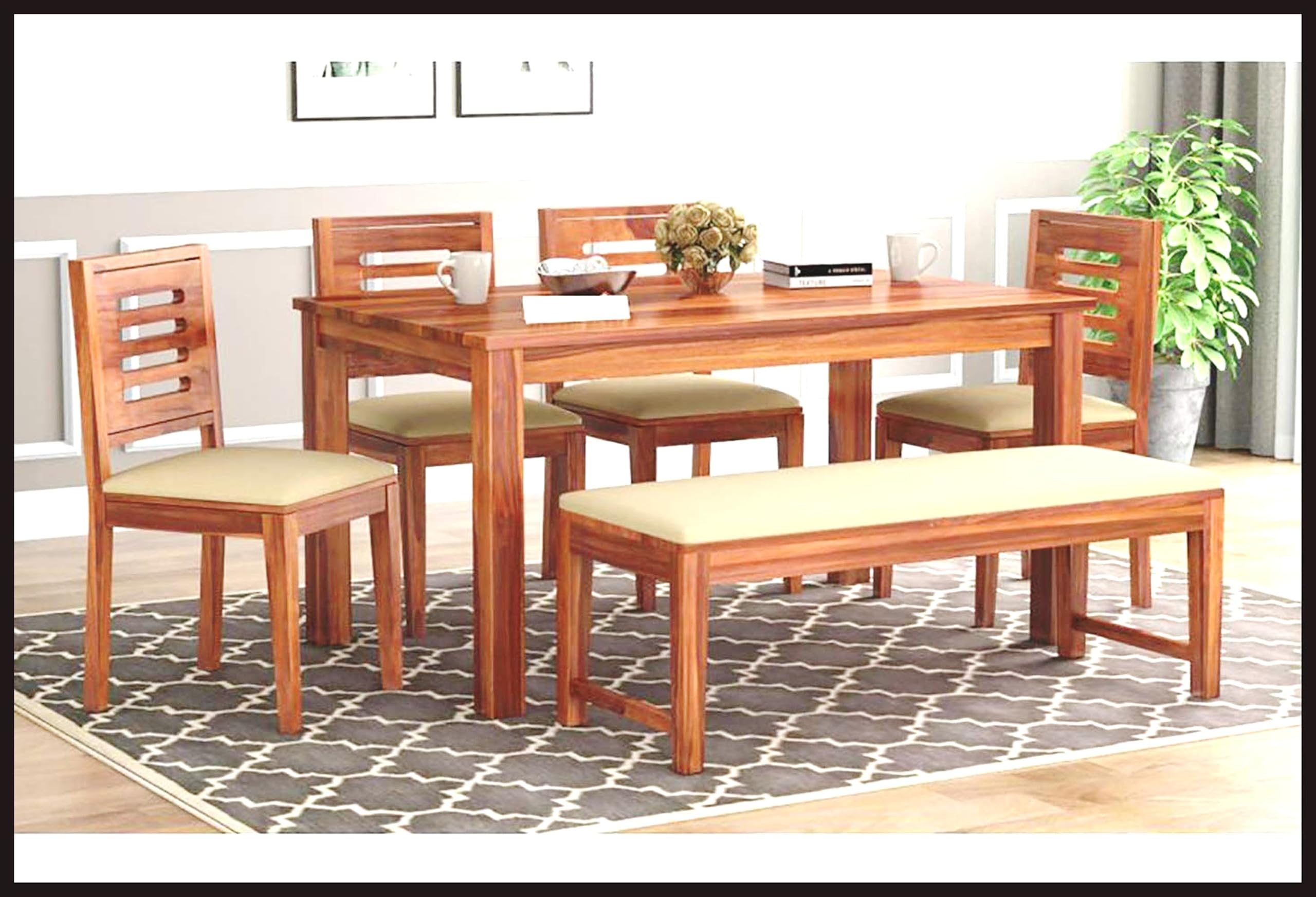 Ramdoot Furniture Solid Sheesham Wood Dining Table Set 6 Seater | Six Seater Dining Table 6 Seater with 4 Cushion Chairs & 1 Bench for Living Room | 6 Seater Dining Set for Hotel Restaurant, Honey