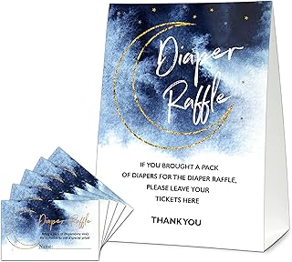 Moon And Stars Diaper Raffle Tickets For Baby Shower, Twinkle Star Diaper Raffle Baby Shower Games, Baby Shower Decorations, Diaper Raffle Cards - 1 Sign With 50 Tickets Cards - B18