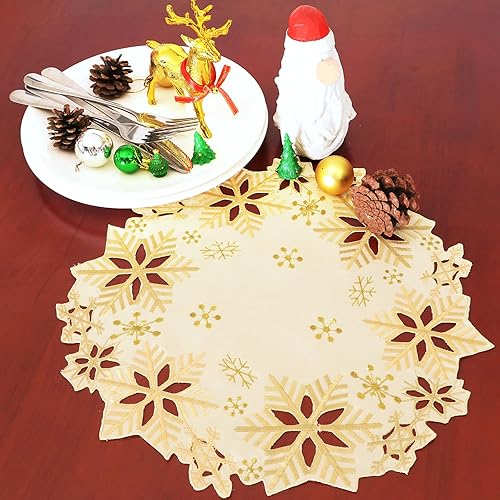Miniatura 3 de Simhomsen Juego de 4 manteles redondos bordados con copos de nieve, manteles individuales redondos de 15 pulgadas para Navidad e invierno, centros