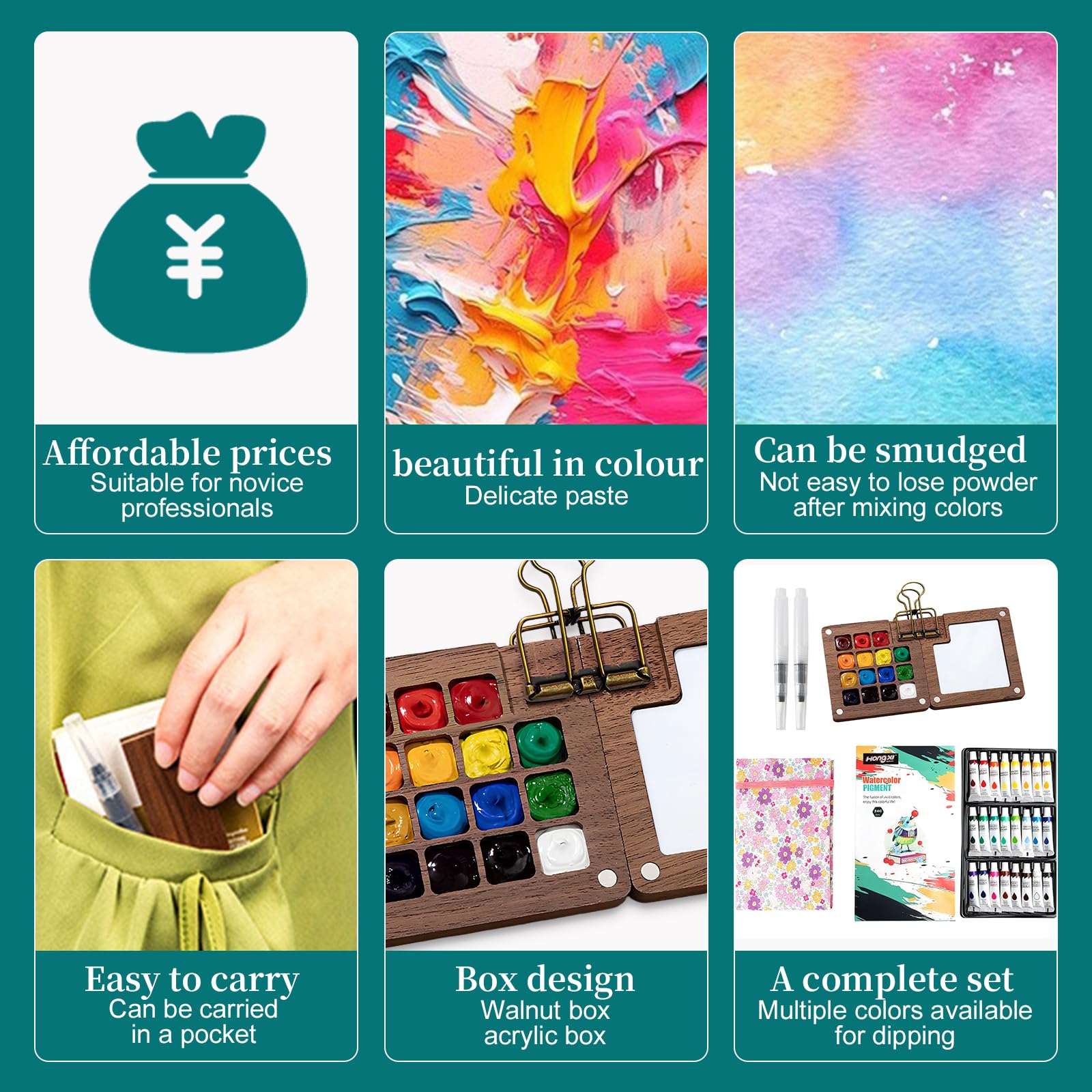 Set Mini Acquerello Portatile, Tavolozza con 15 Griglie – Scatola dei Colori in Legno per Viaggio, Kit da Viaggio per Artisti con Carta Acquerello, Pennelli, Clip & Taccuino (24 Tonalità Incluse)