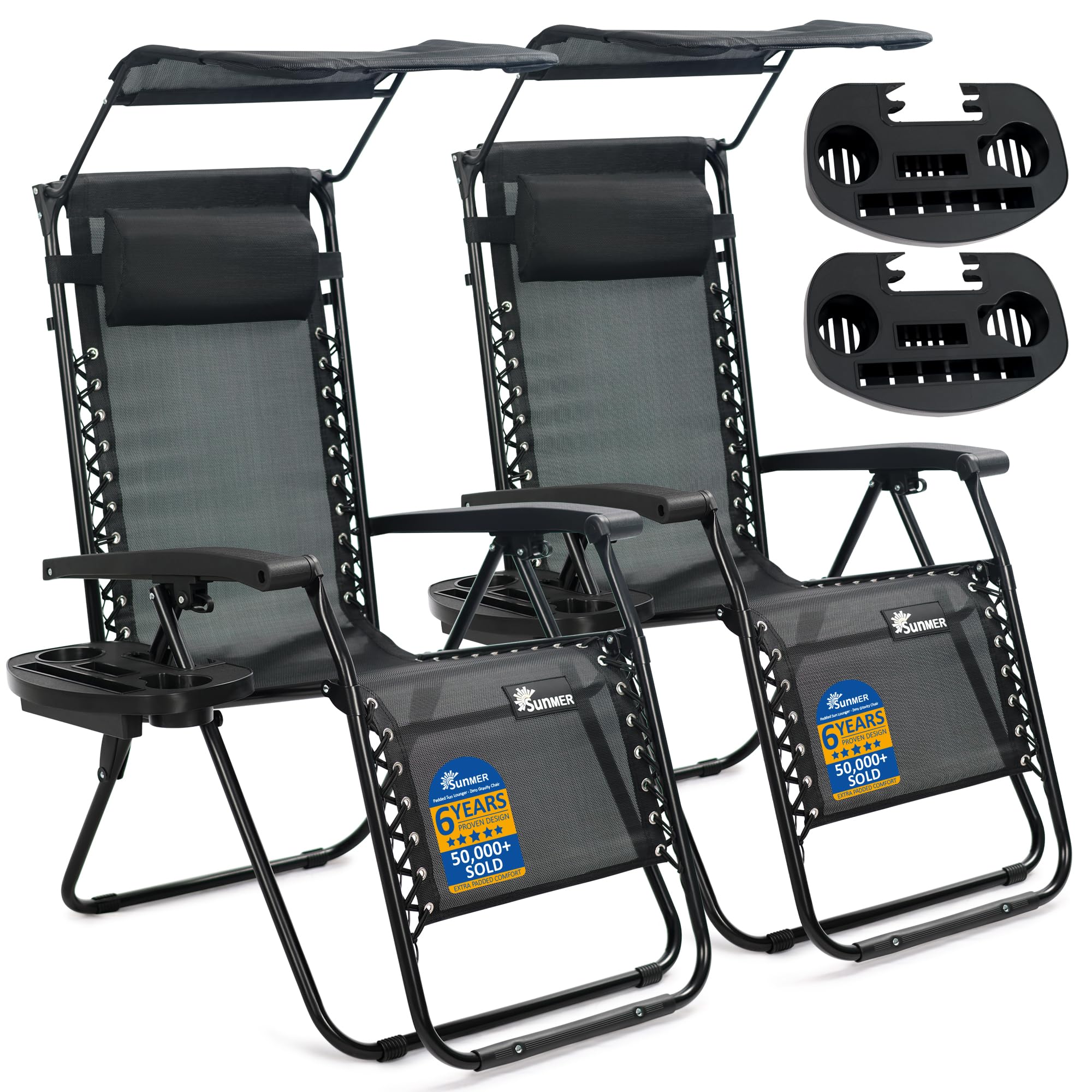 Sunmer Reclining Garden Chairs With Cup And Phone Holder With CanopySet Of 2Black from B&Q