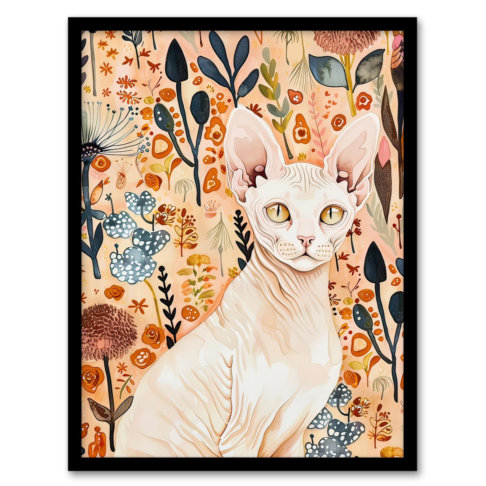 Artery8 Sphynx Cat in Autumn Wildflowers Watercolour Living Room Artwork Framed Wall Art Print A4