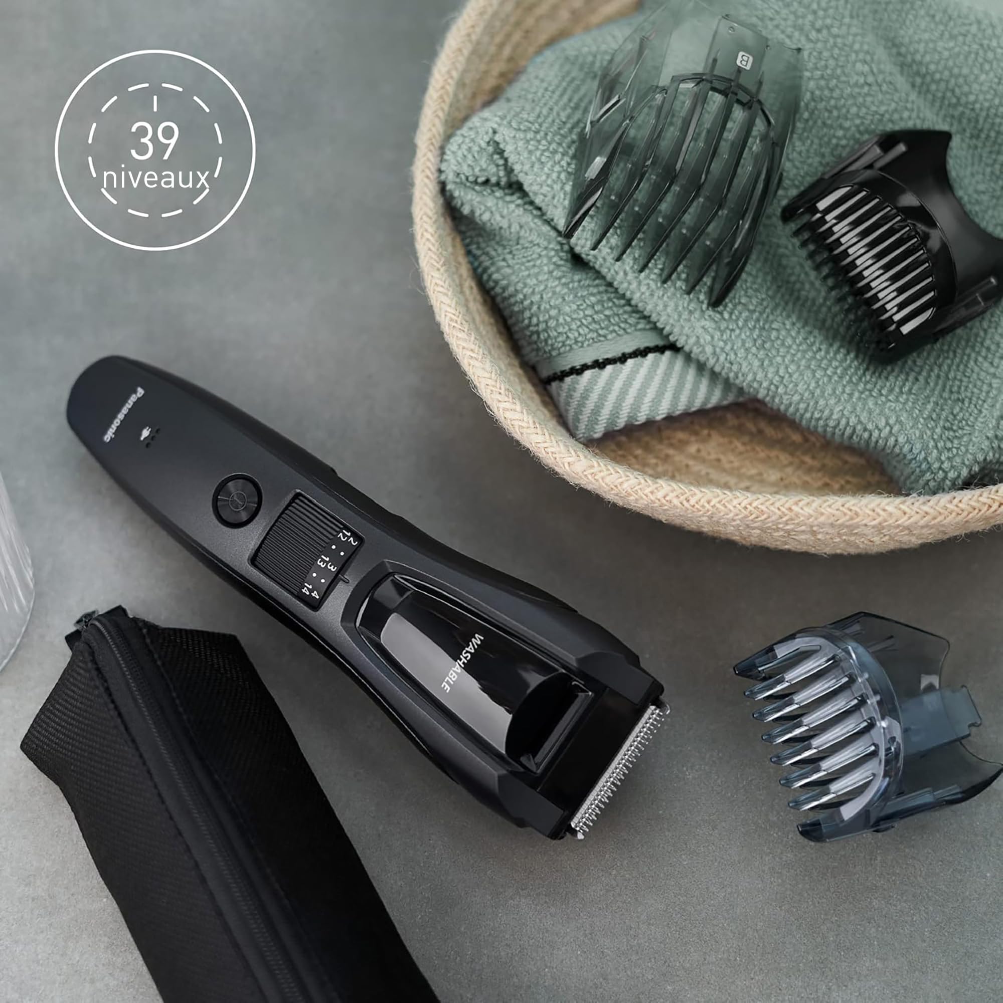 Panasonic ER-GB62-H503 Tondeuse pour Barbe, Cheveux et Corps pour Hommes, Portative Étanche Sans Fil, 39 Longueurs Réglables, 3 Accessoires, Avec ou Sans Fil, Gris Mat